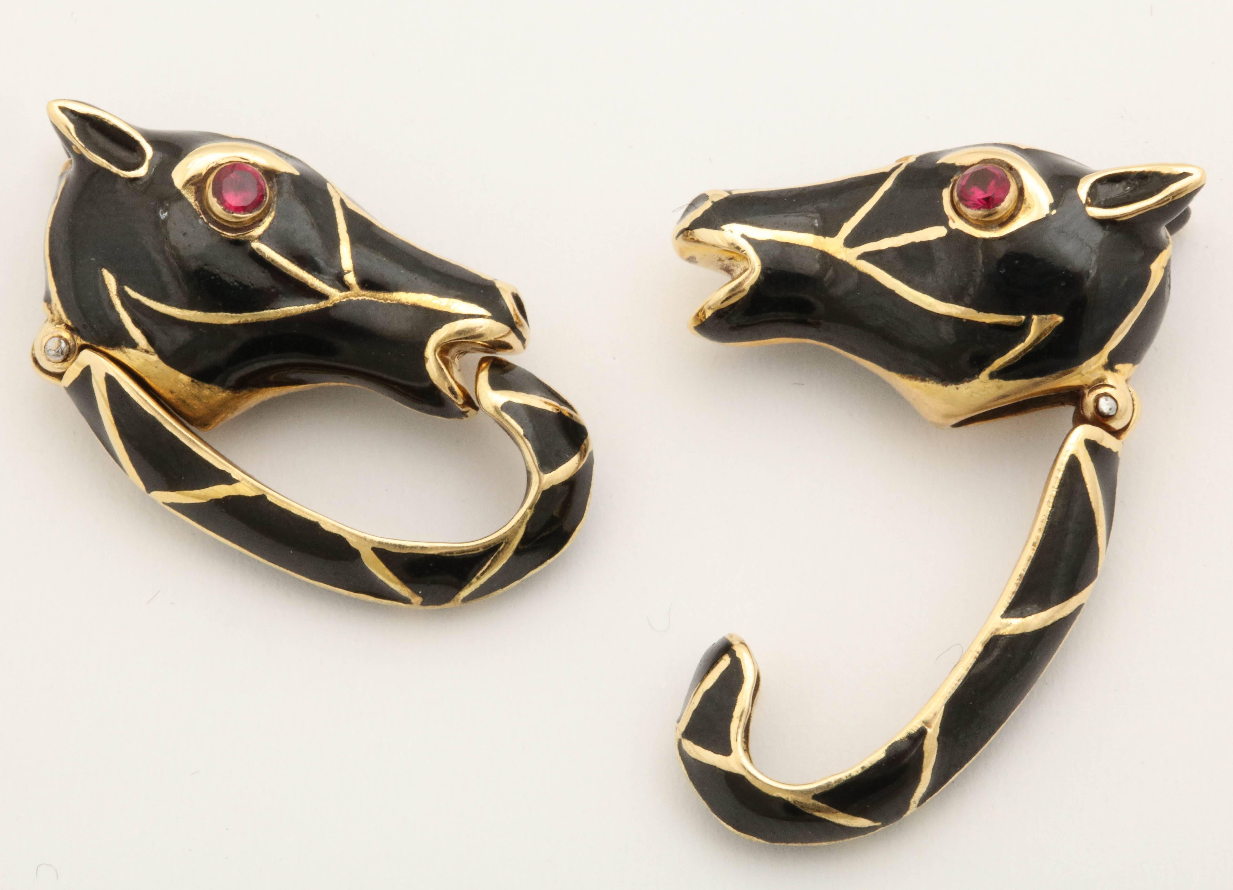 David Webb Black Steel Enamel and Ruby Figural Horse Gold Cufflinks 4