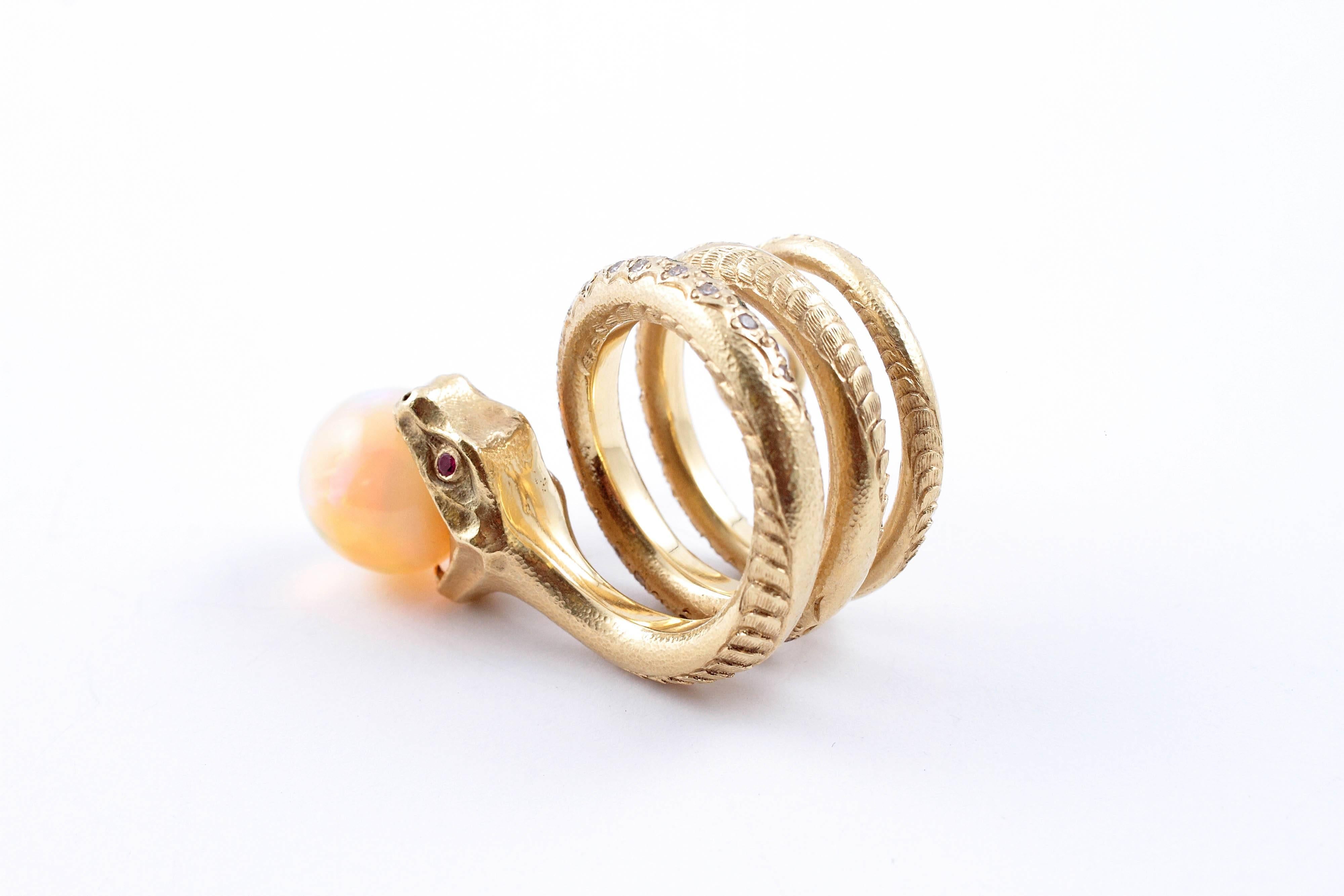 Women's Opal Diamond Emerald Sapphire Ruby Yellow Gold Snake Ring