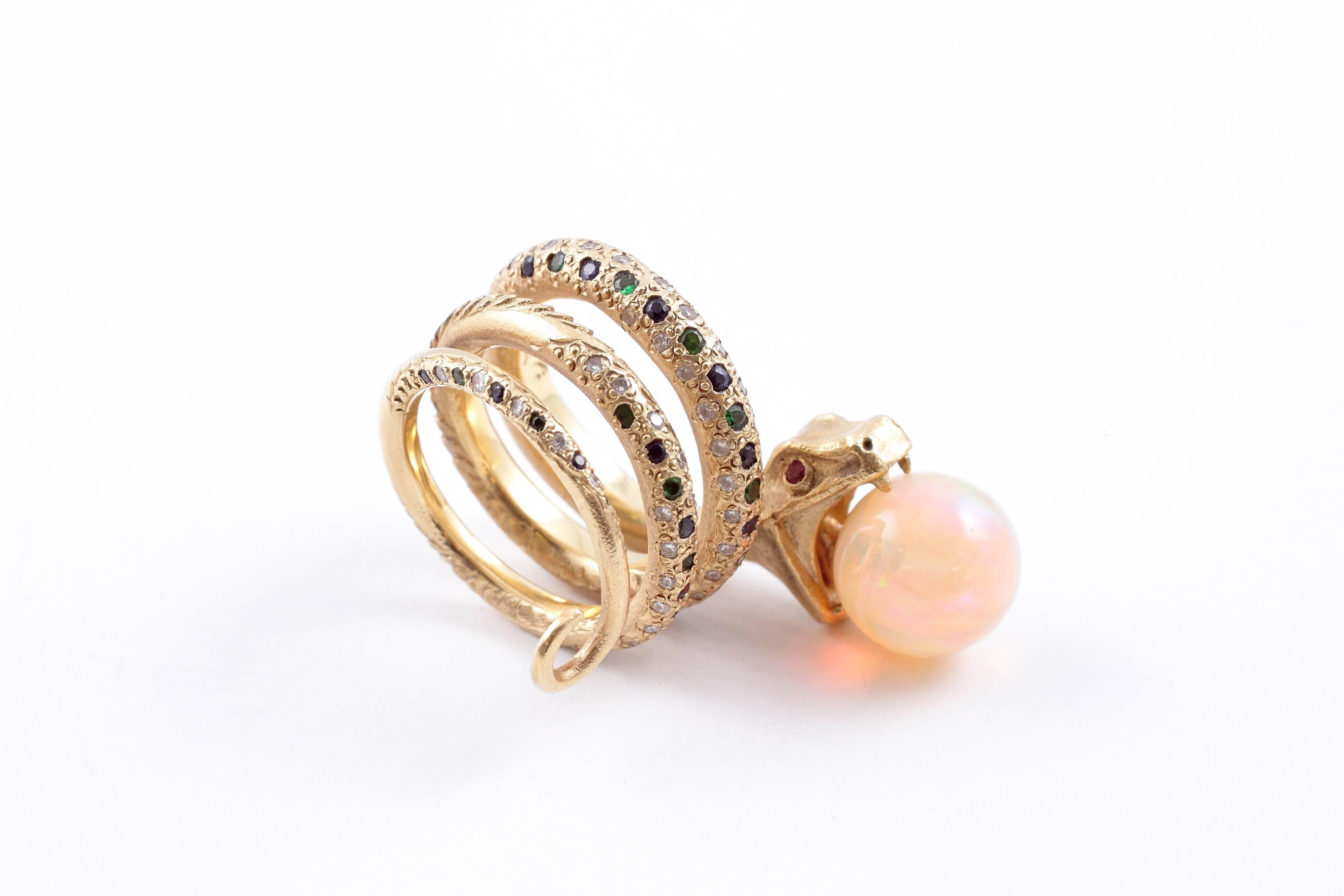 Opal Diamond Emerald Sapphire Ruby Yellow Gold Snake Ring 3