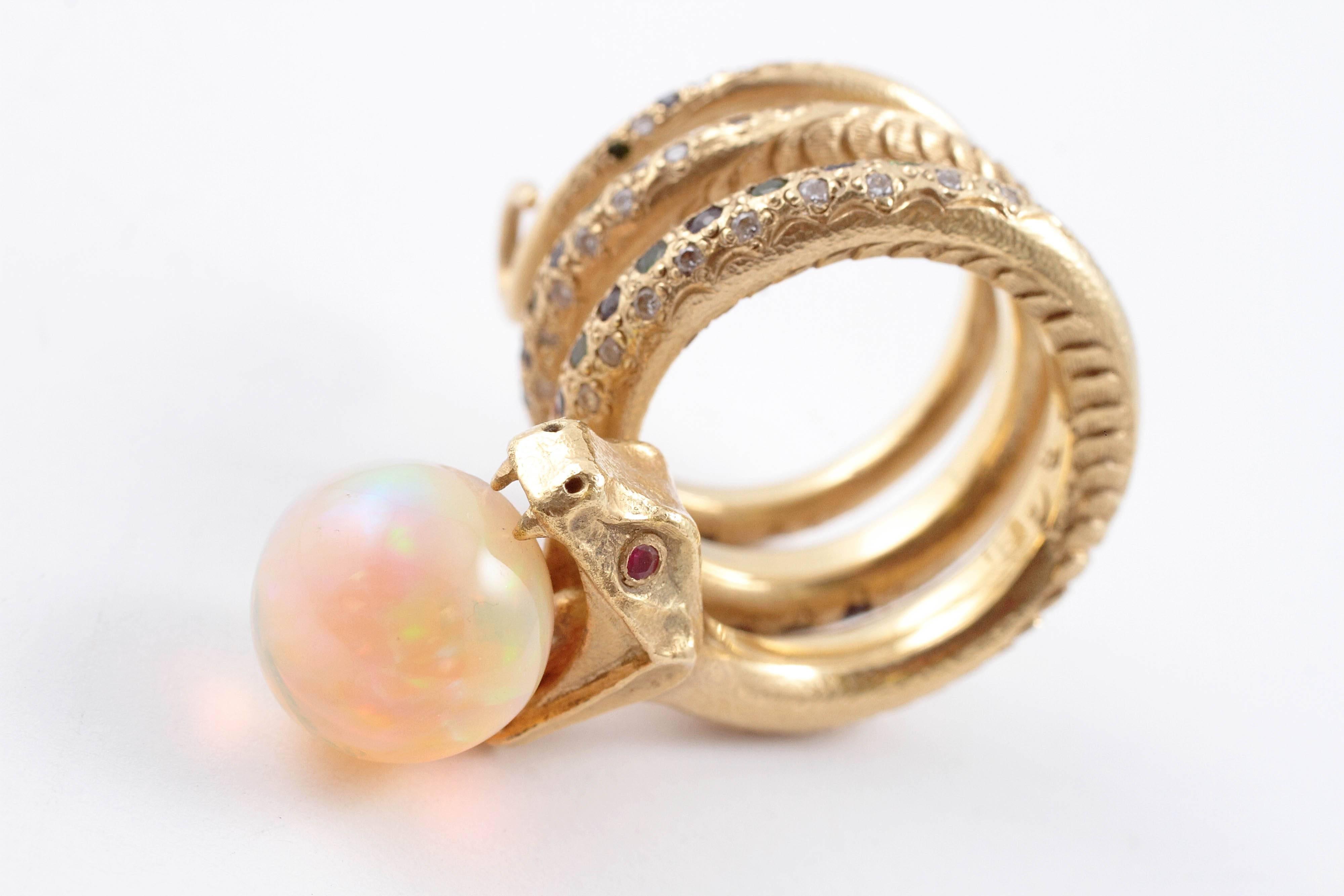 Opal Diamond Emerald Sapphire Ruby Yellow Gold Snake Ring 4