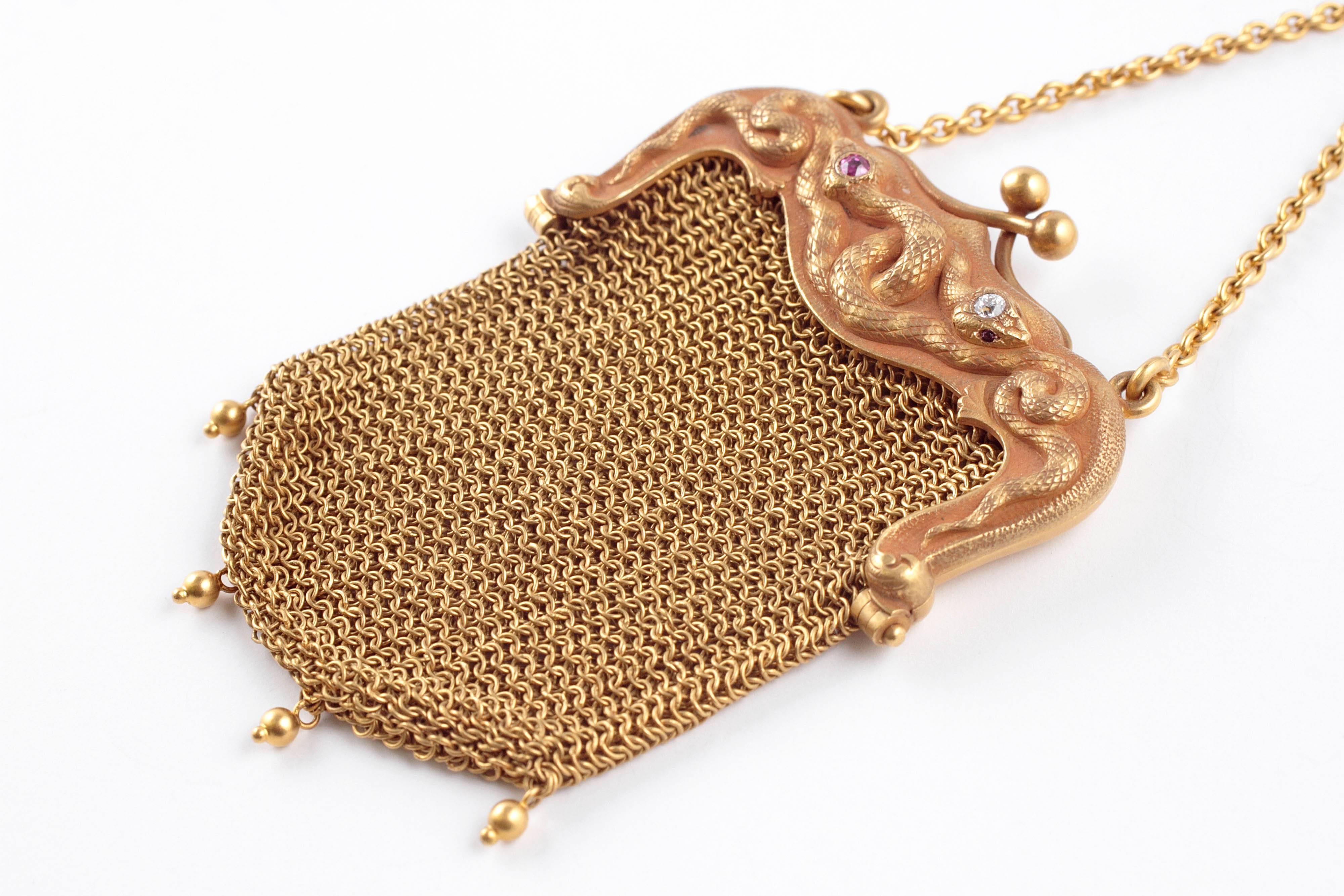 Sloan and Co. Gold Mesh Diamond Ruby Ring Purse In Excellent Condition In Dallas, TX