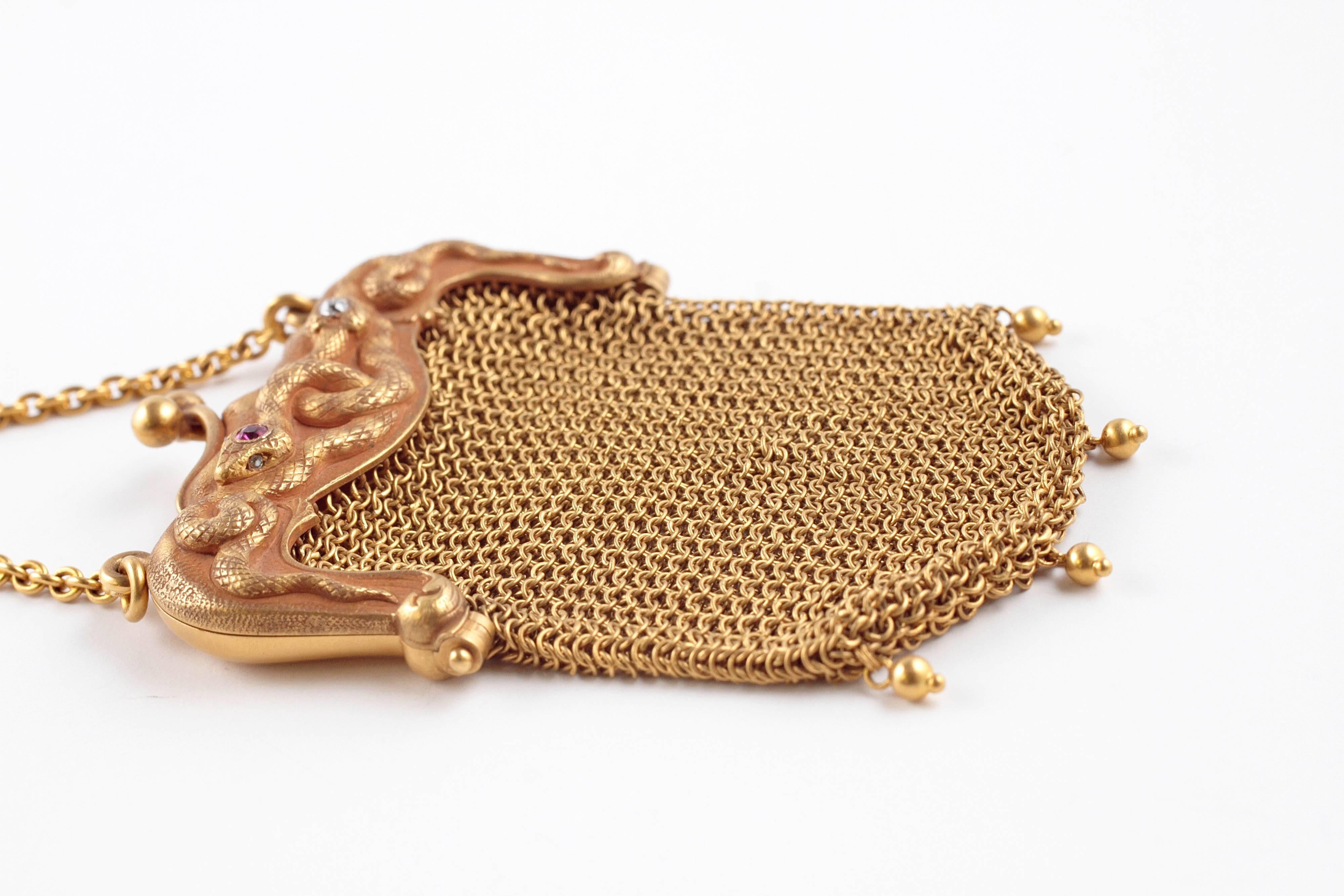 Sloan and Co. Gold Mesh Diamond Ruby Ring Purse 1