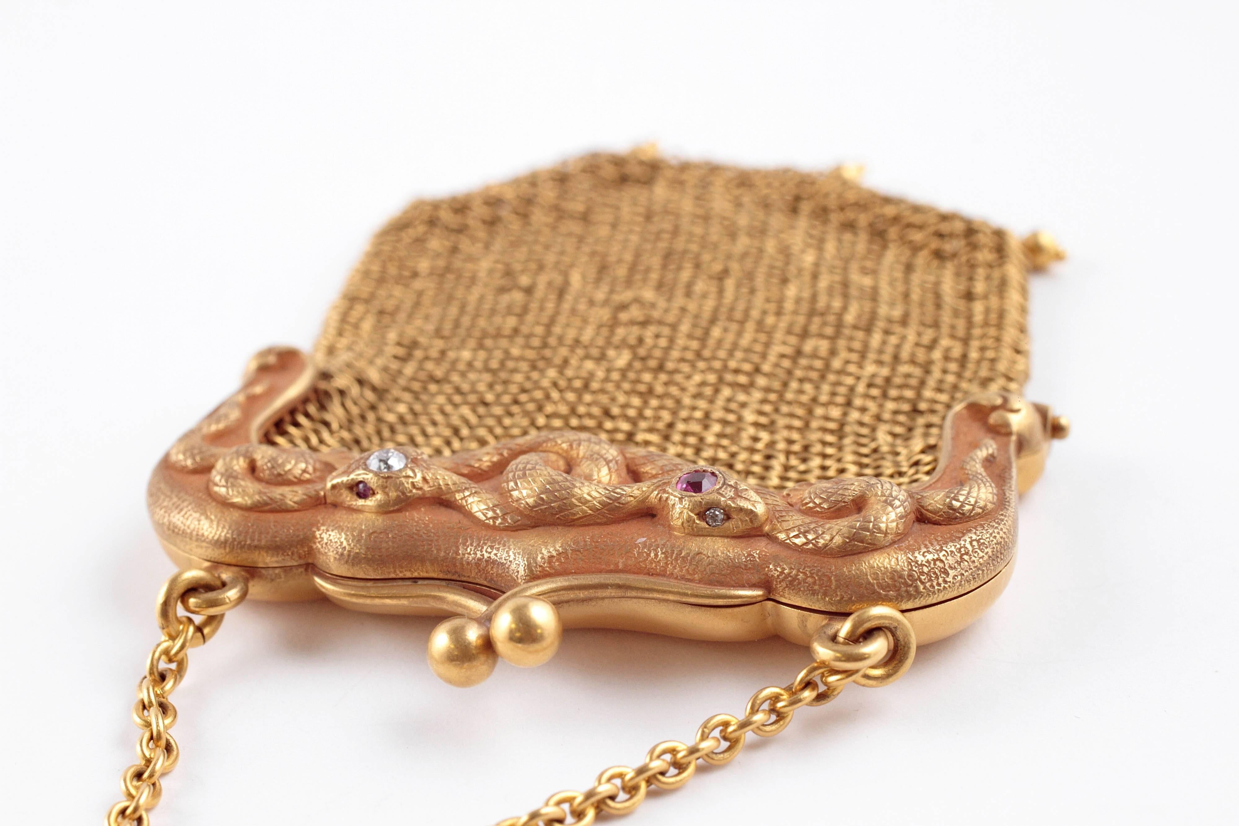 Sloan and Co. Gold Mesh Diamond Ruby Ring Purse 2