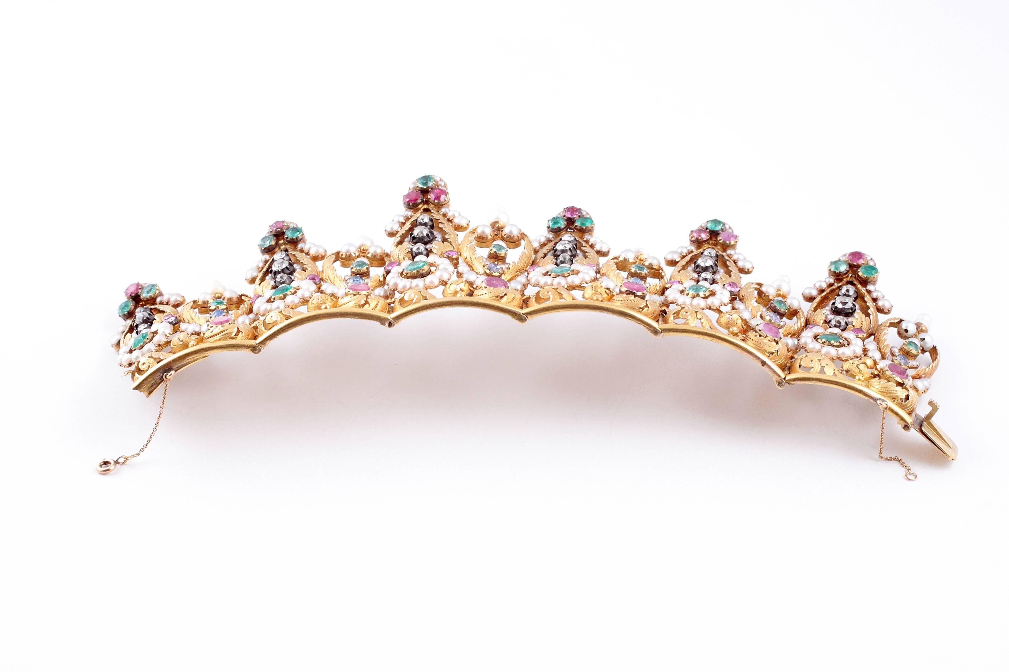 1840 French Gemstone Pearl Diamond Bracelet 4