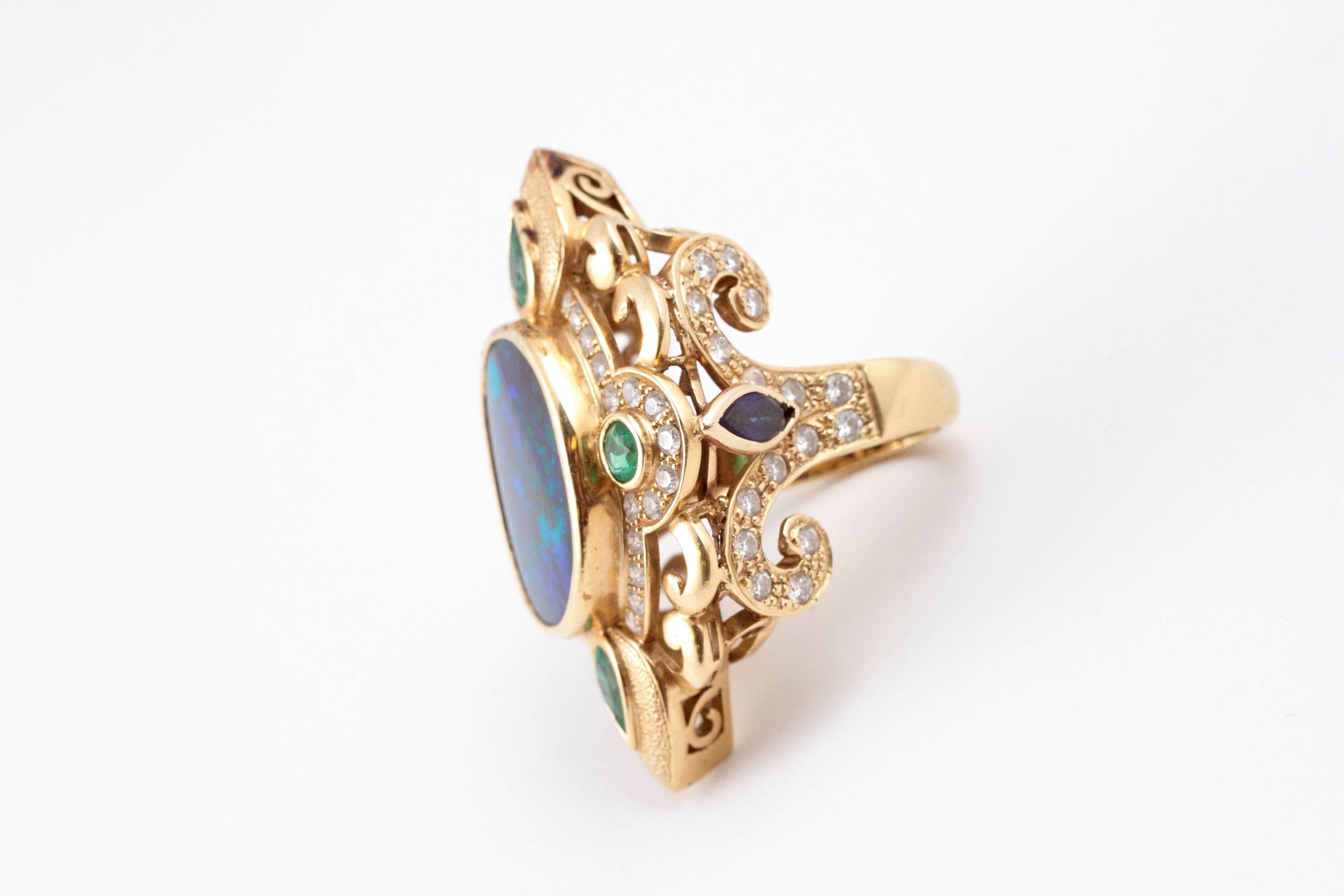 Women's Paula Crevoshay 7.33 Carat Black Opal Diamond Gemstone Gold Ring