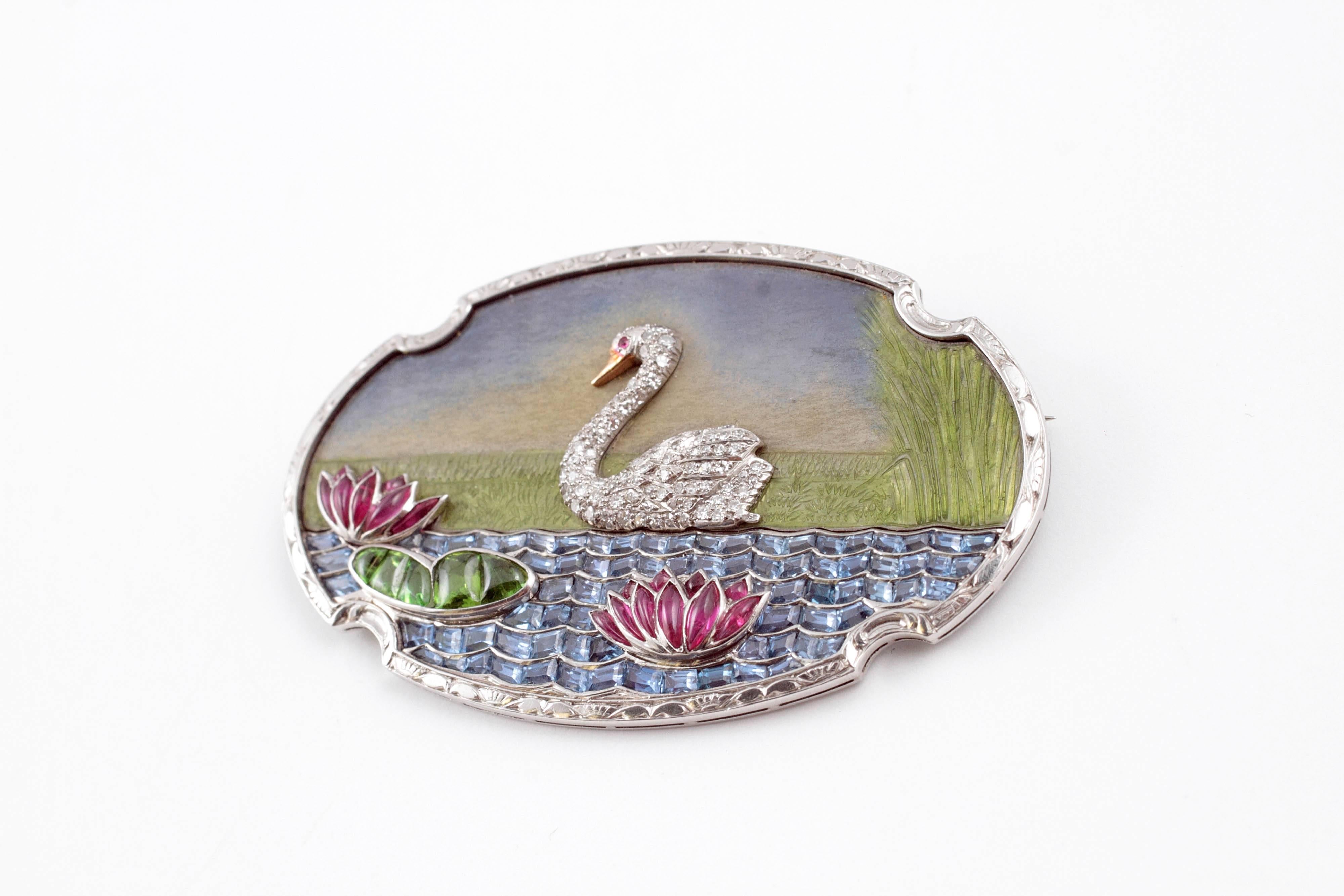 Colorful Swan enamel pin with diamonds, Montana sapphires, rubies and peridot set in platinum.  Circa 1930's.
