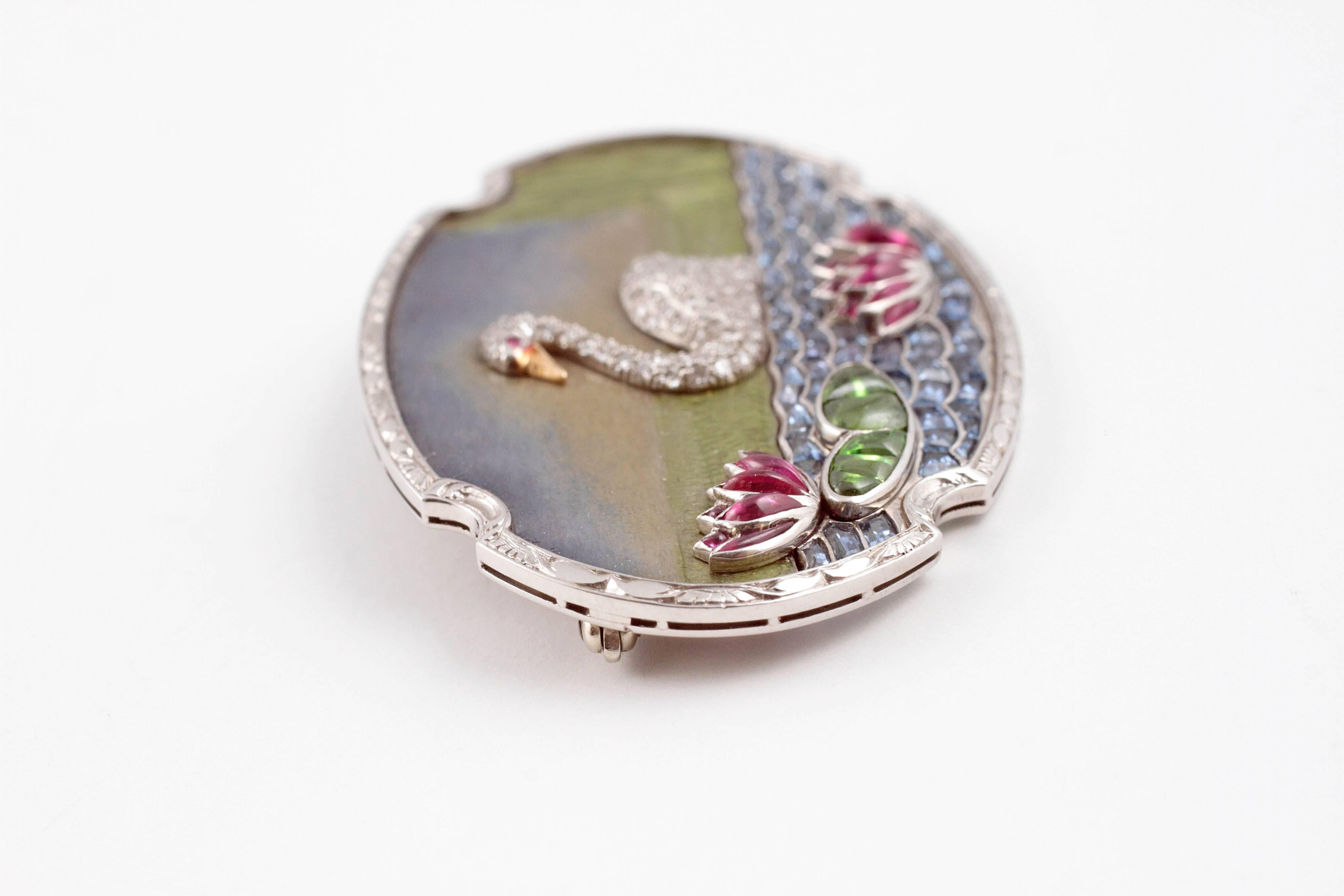 Women's Art Deco Diamond  Gemstone Enamel Platinum Swan Pin