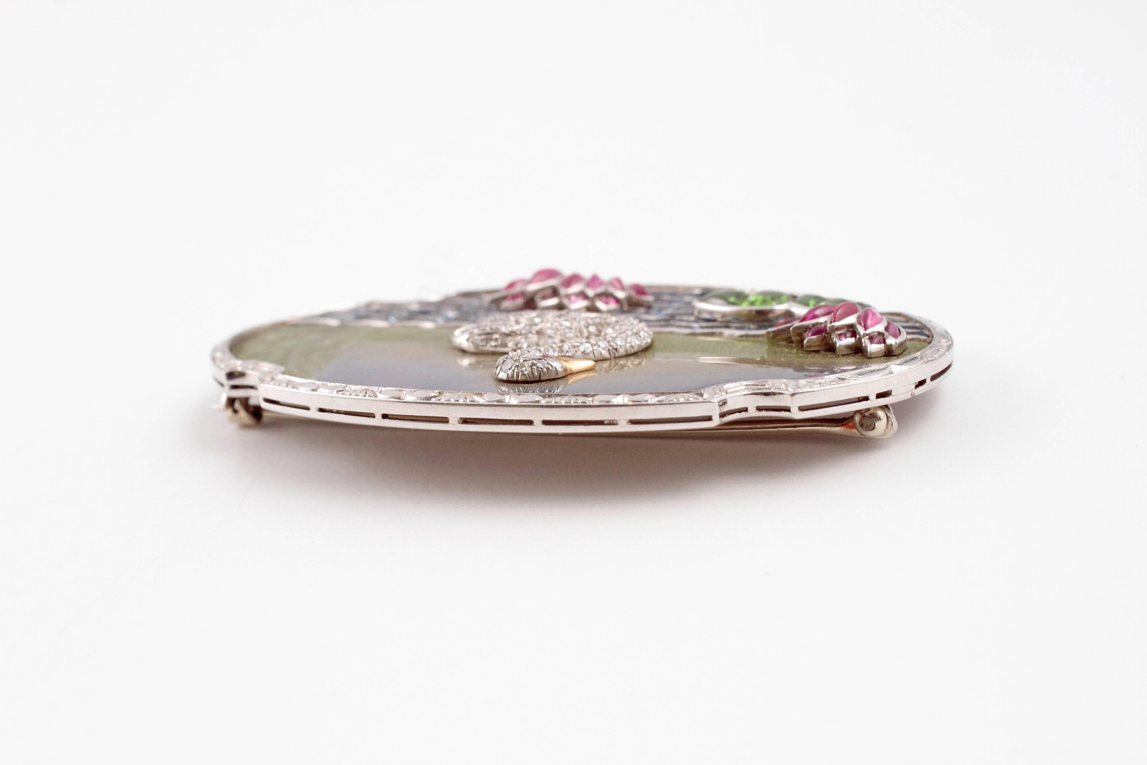 Art Deco Diamond  Gemstone Enamel Platinum Swan Pin 1