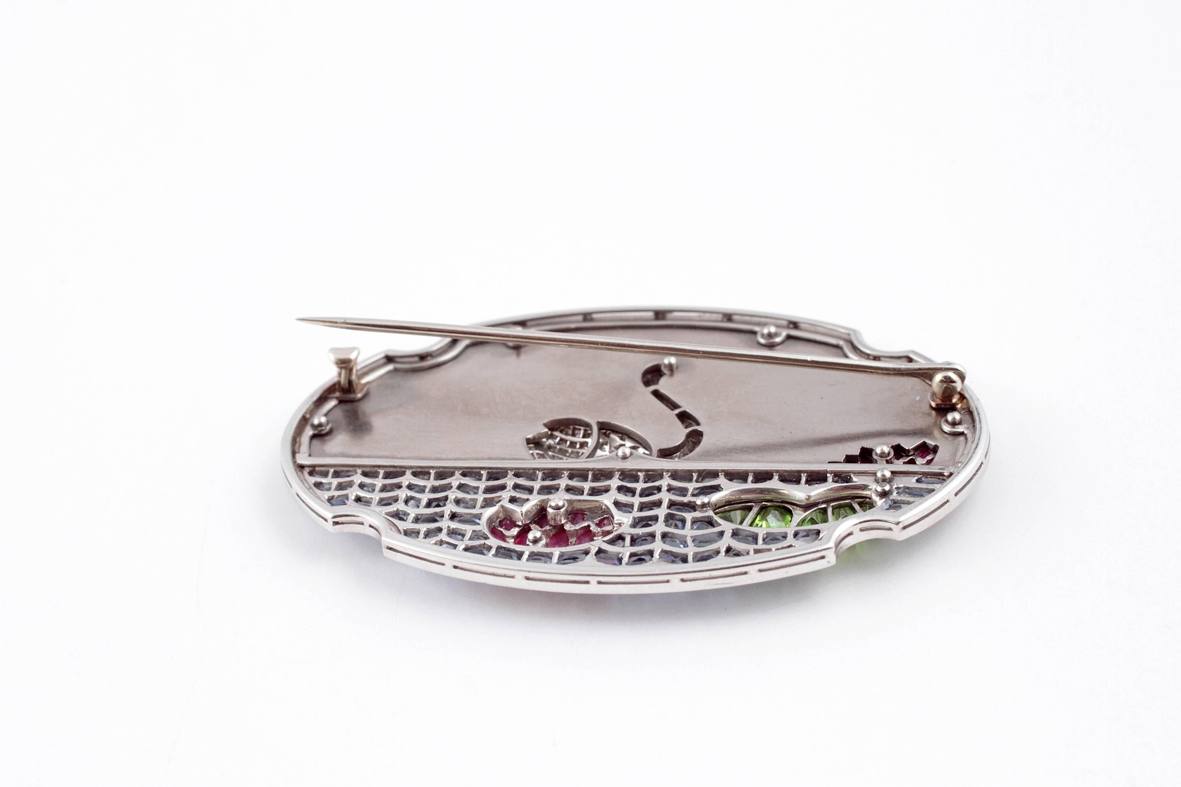 Art Deco Diamond  Gemstone Enamel Platinum Swan Pin 2
