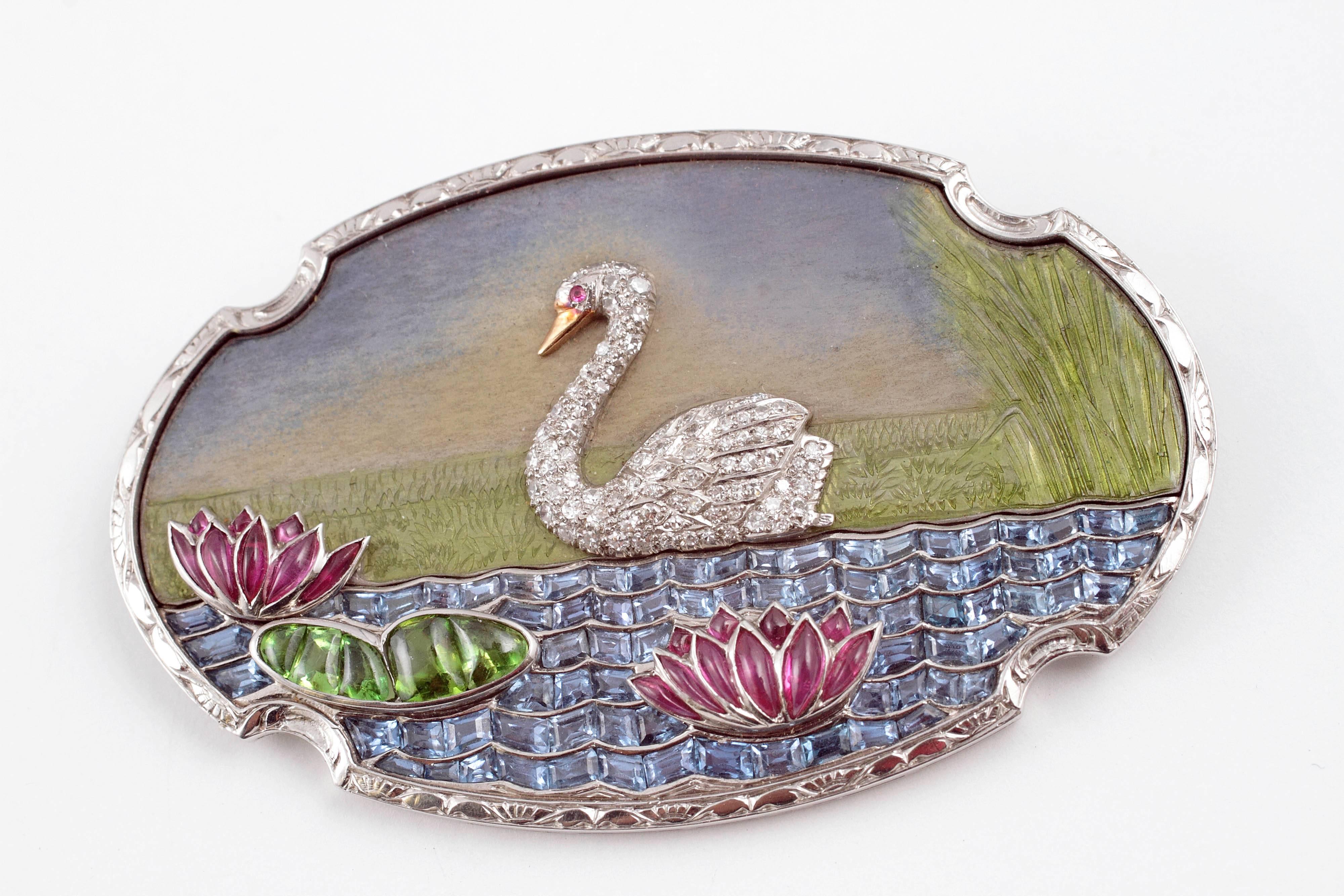 Art Deco Diamond  Gemstone Enamel Platinum Swan Pin 3