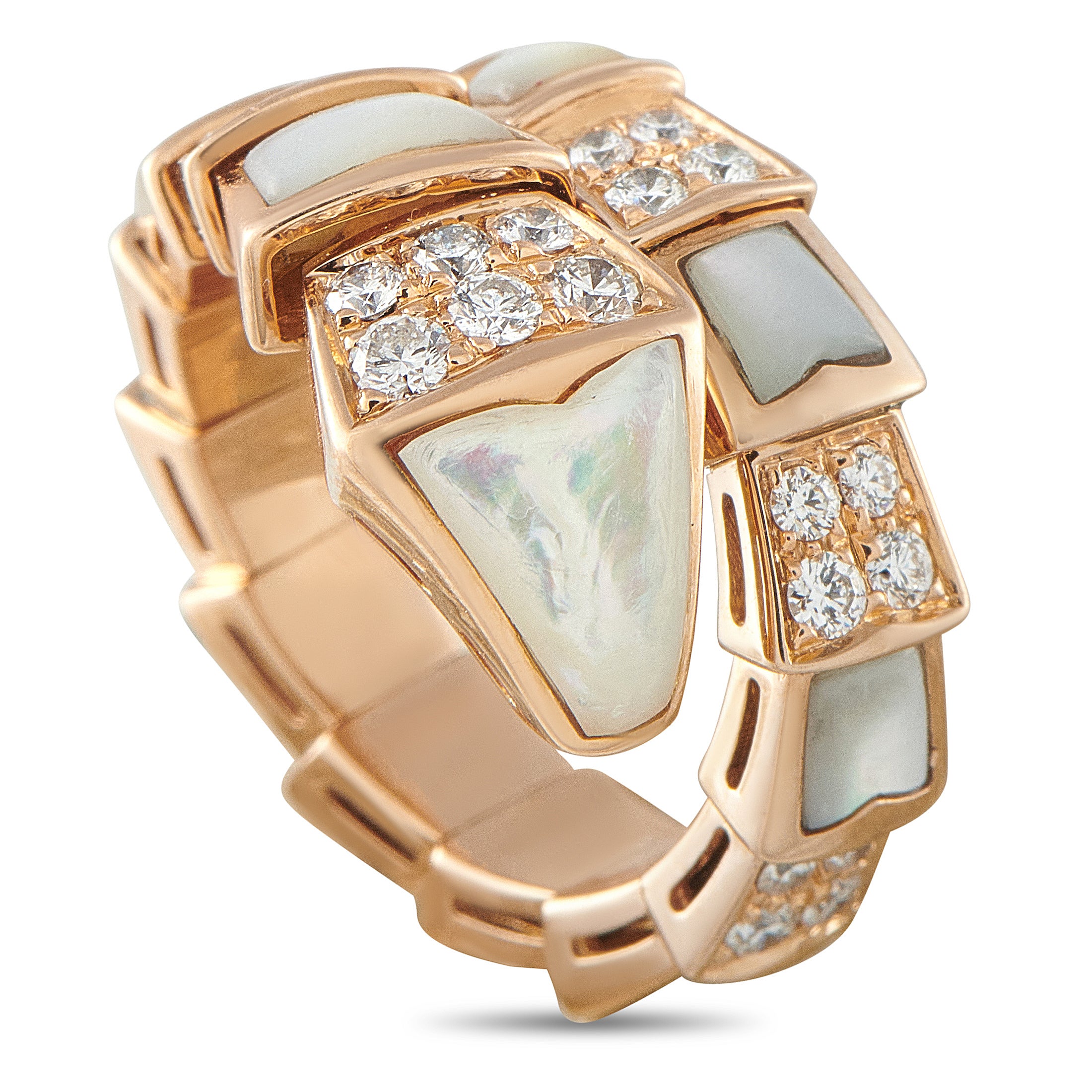 Bvlgari Serpenti Viper 18K Gold Diamond & White Mother of Pearl Ring #5086
