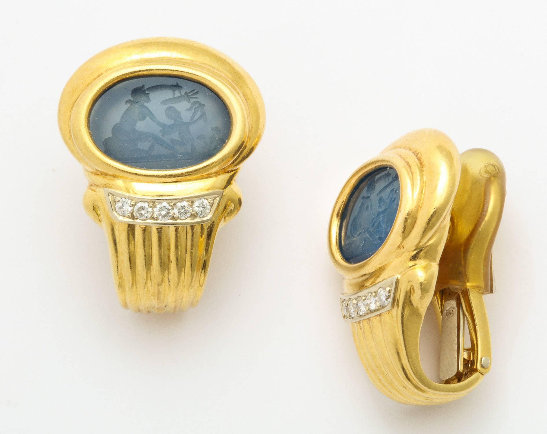 Contemporary Blue Agate Diamond Yellow Gold Earrings For Sale