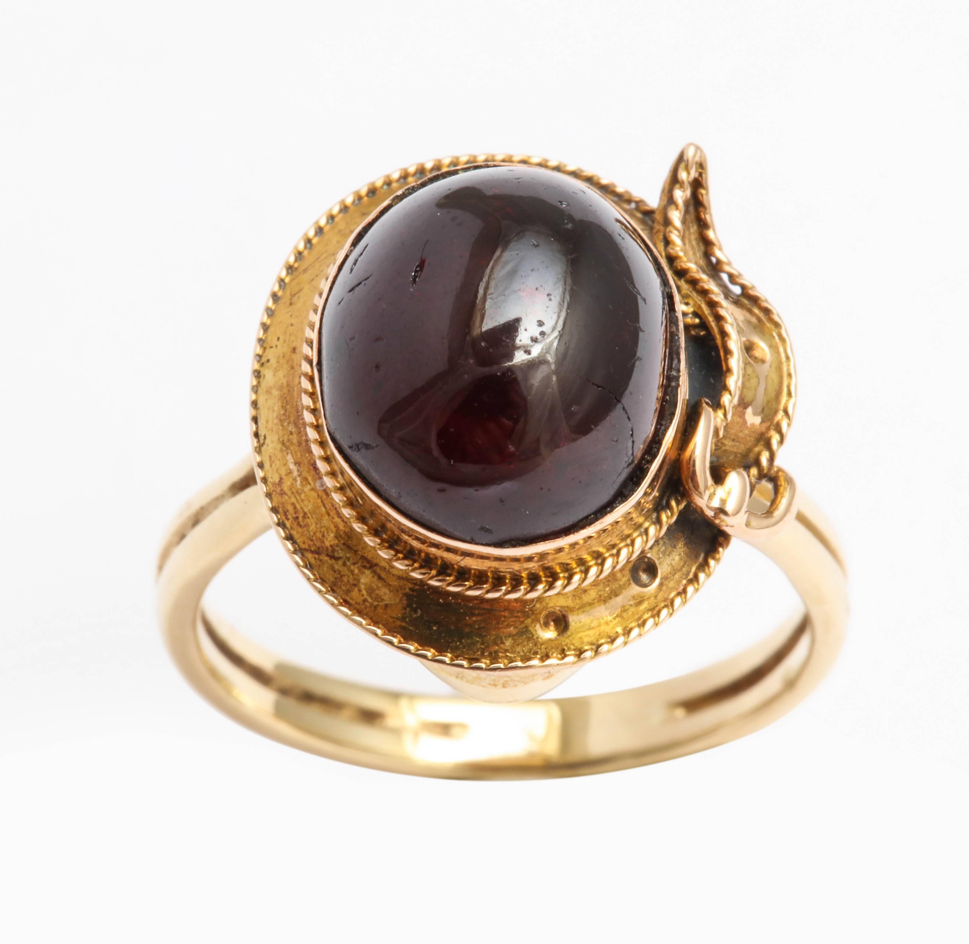 Women's or Men's English Cabochon Garnet Gold Buckle Ring, circa 1880