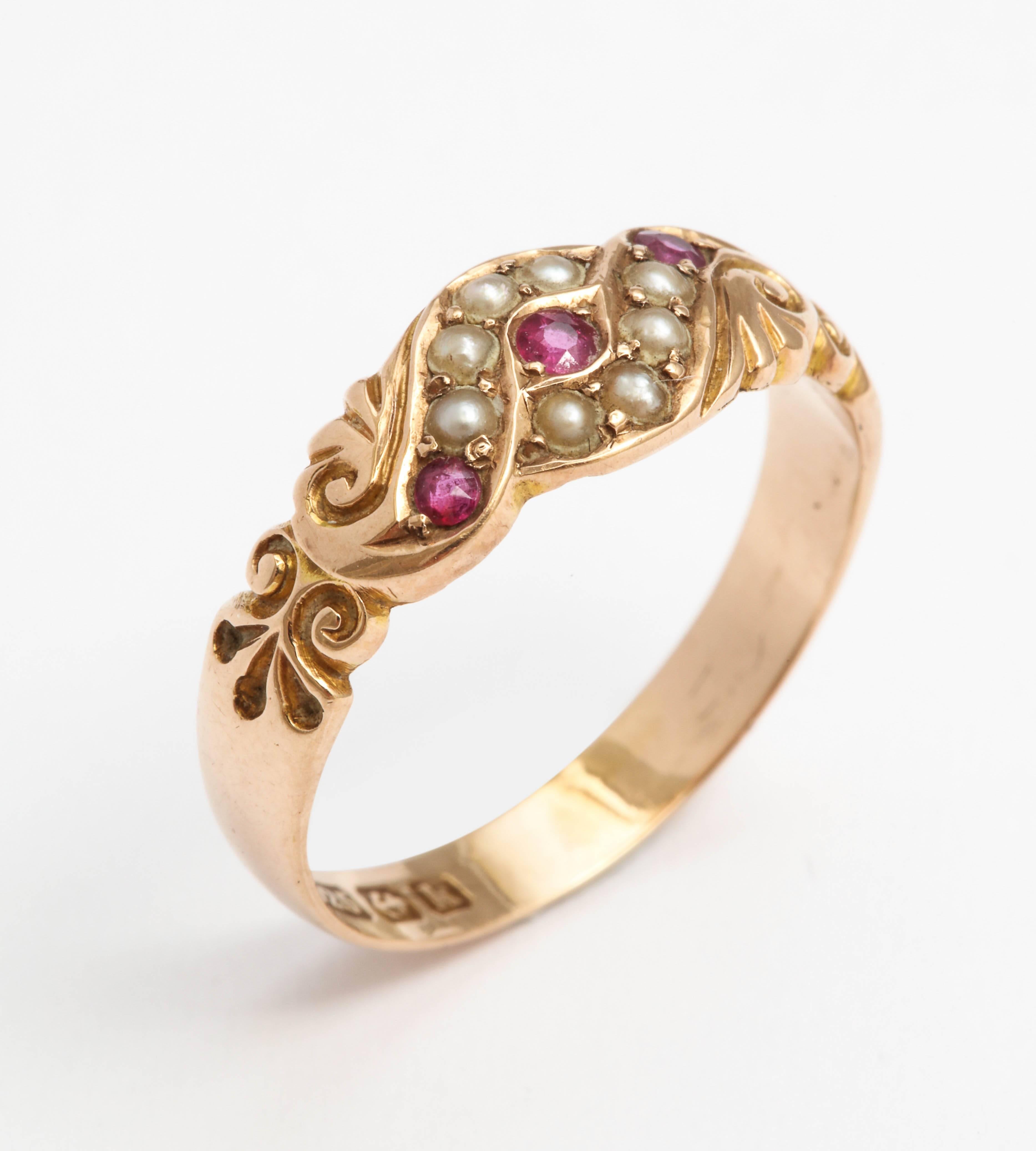 Victorian English 15k Gold Ruby Pearl Ring, Birmingham