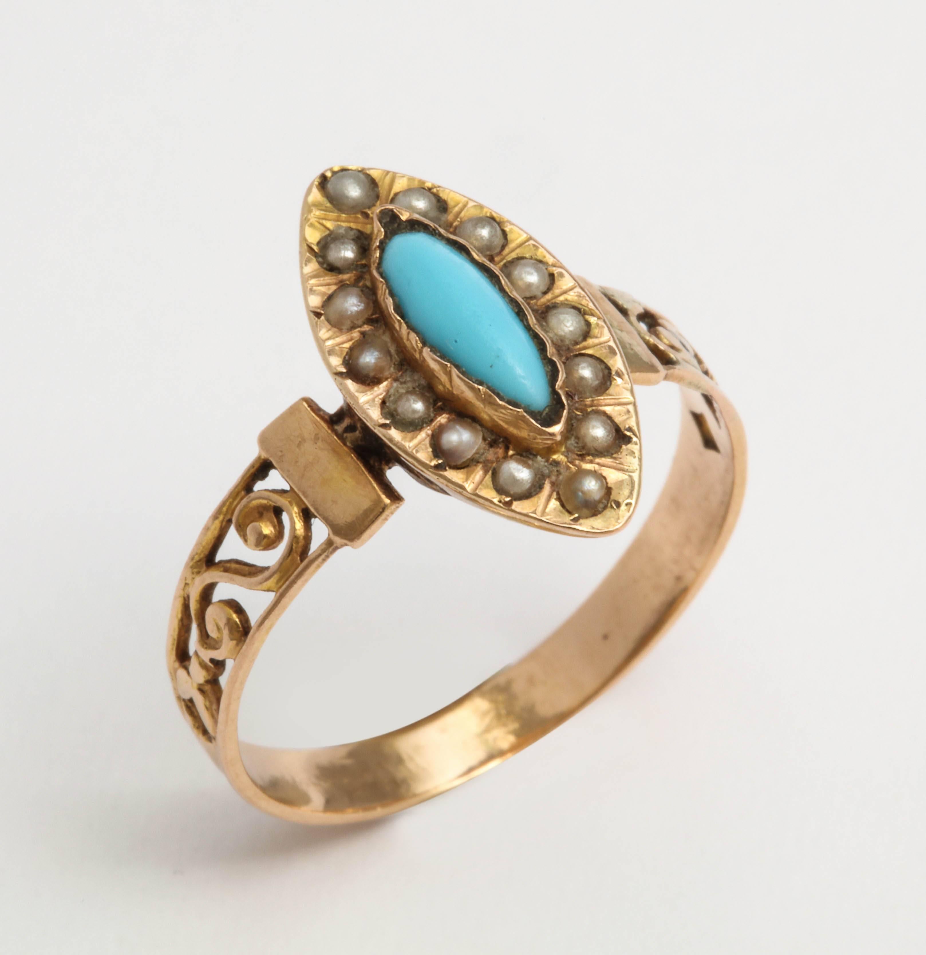 Victorian French Turquoise 18k Gold and Pearl Ring, 19th Century