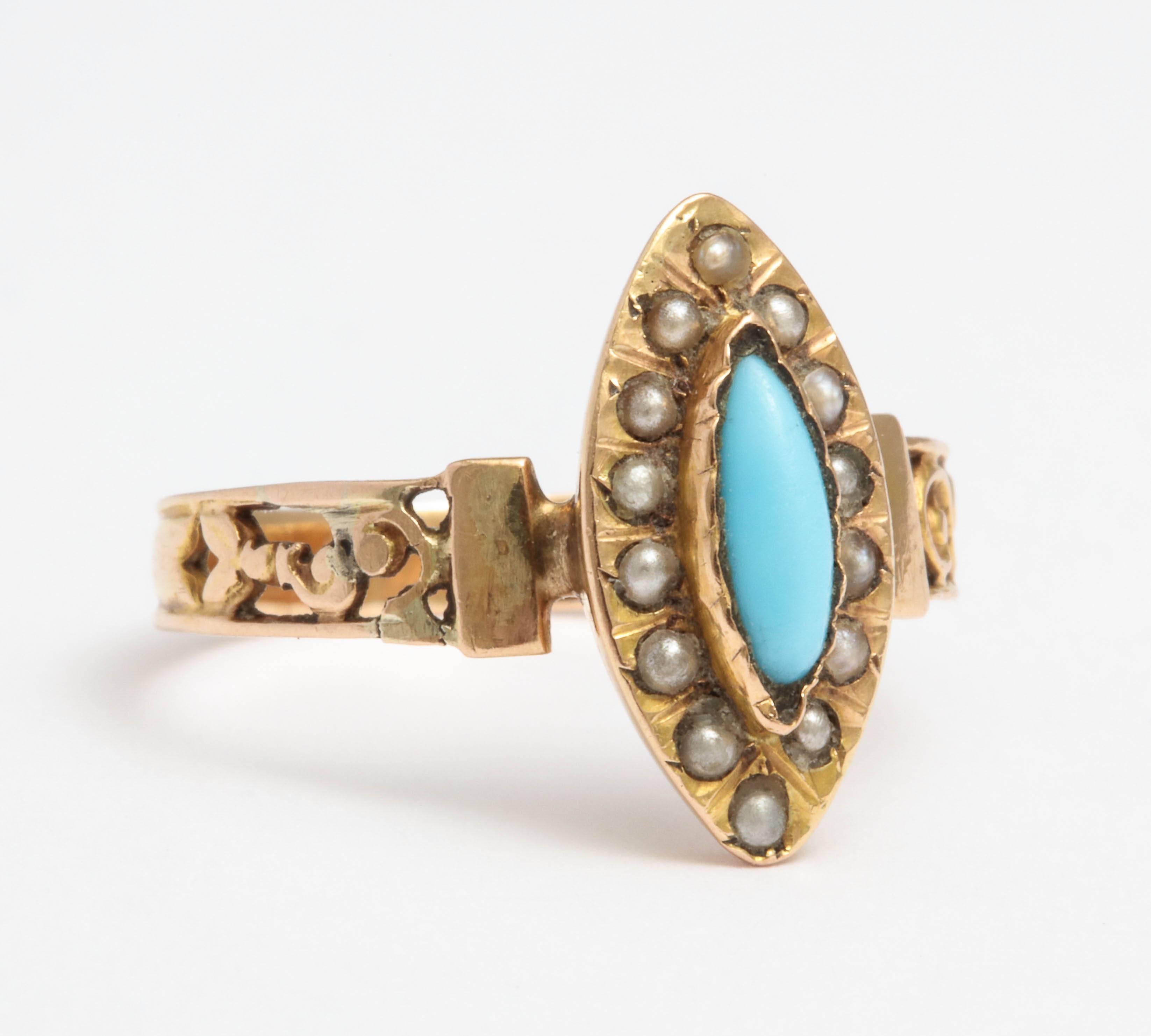 Bead French Turquoise 18k Gold and Pearl Ring, 19th Century
