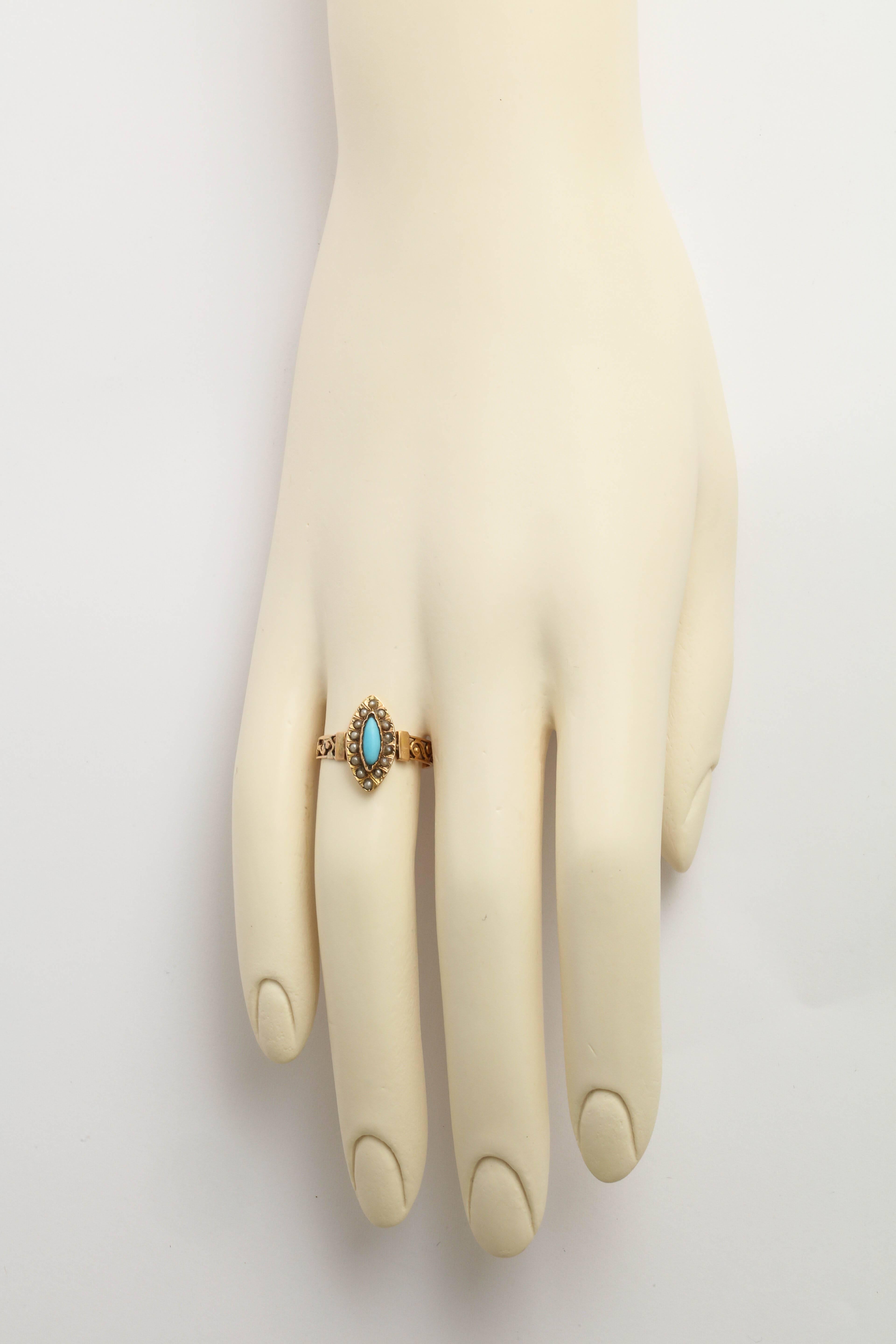 French Turquoise 18k Gold and Pearl Ring, 19th Century 1