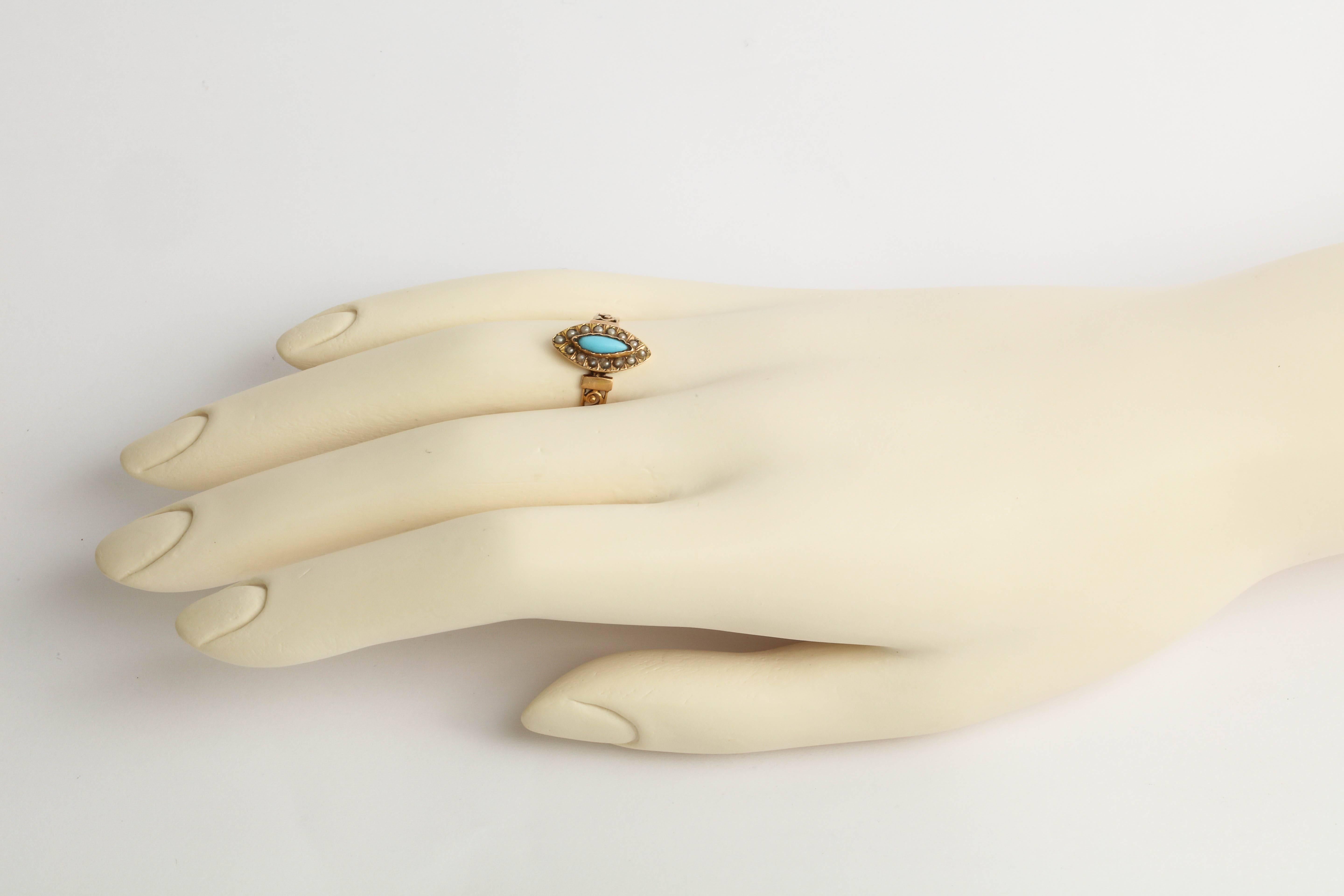 French Turquoise 18k Gold and Pearl Ring, 19th Century 2