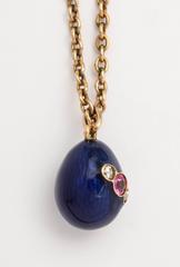Russian Blue Enameled, Ruby and Diamond Egg Pendant, circa 1900