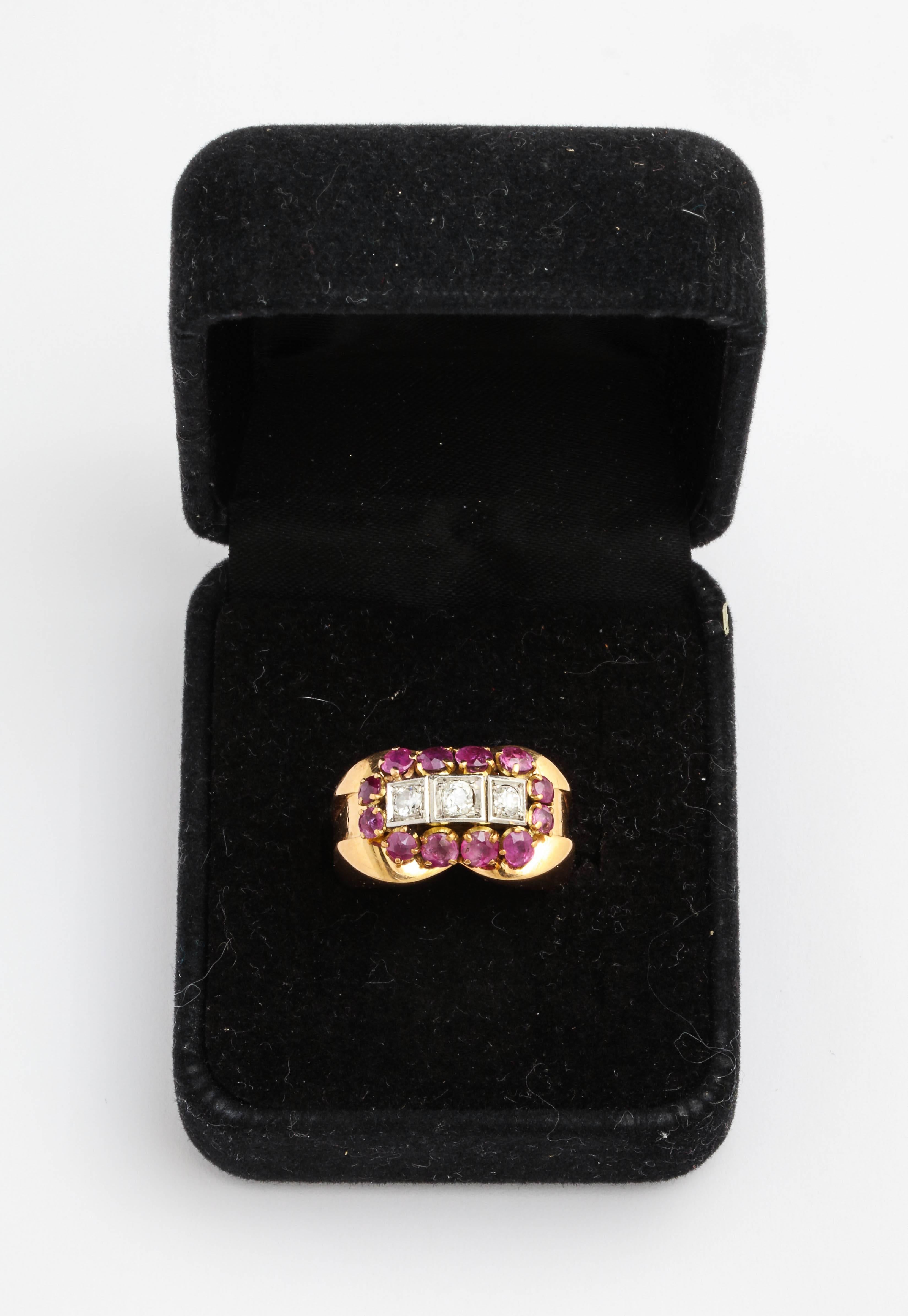 Retro French Ruby Diamond Gold Ring, 1940s