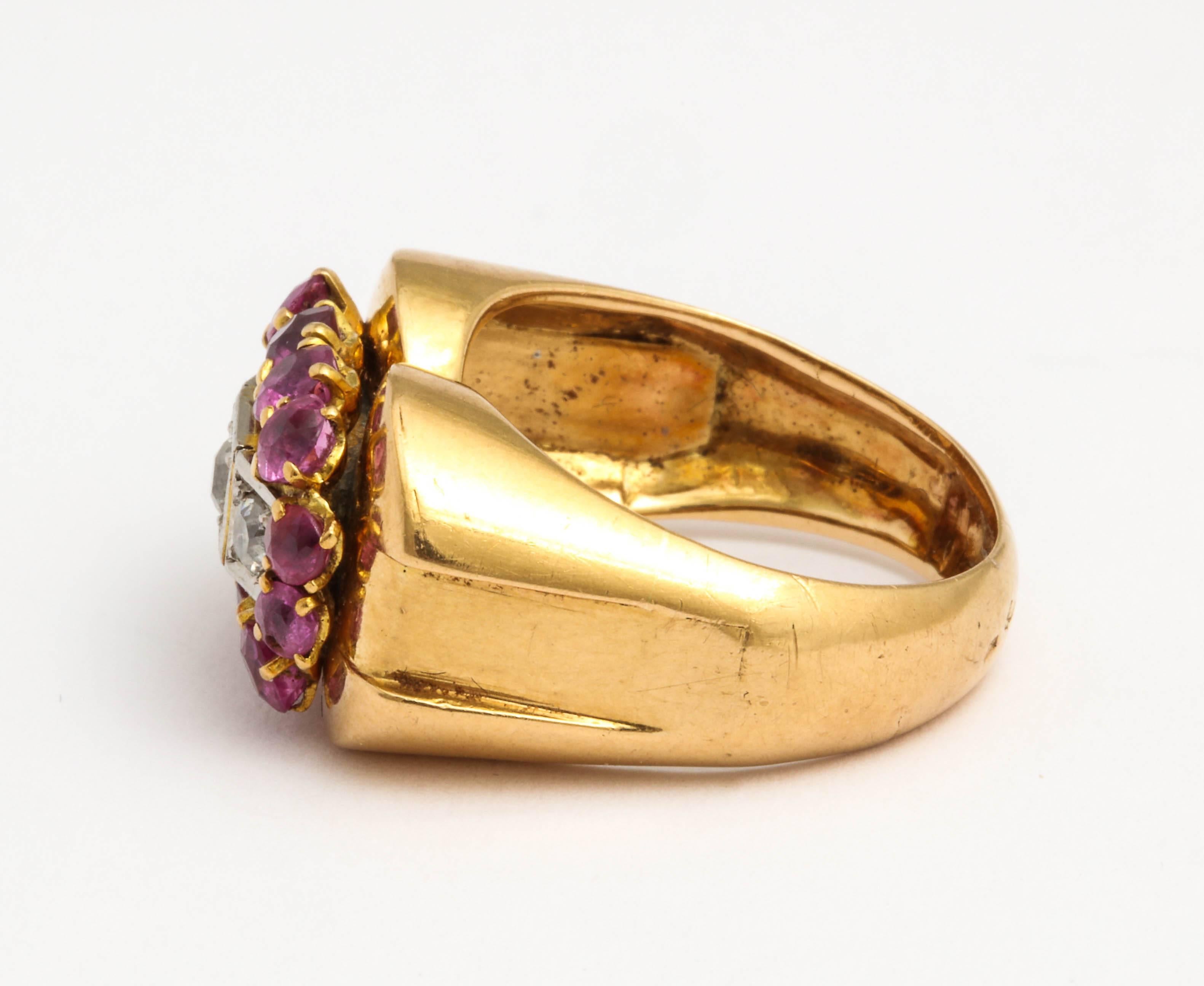 Women's or Men's French Ruby Diamond Gold Ring, 1940s
