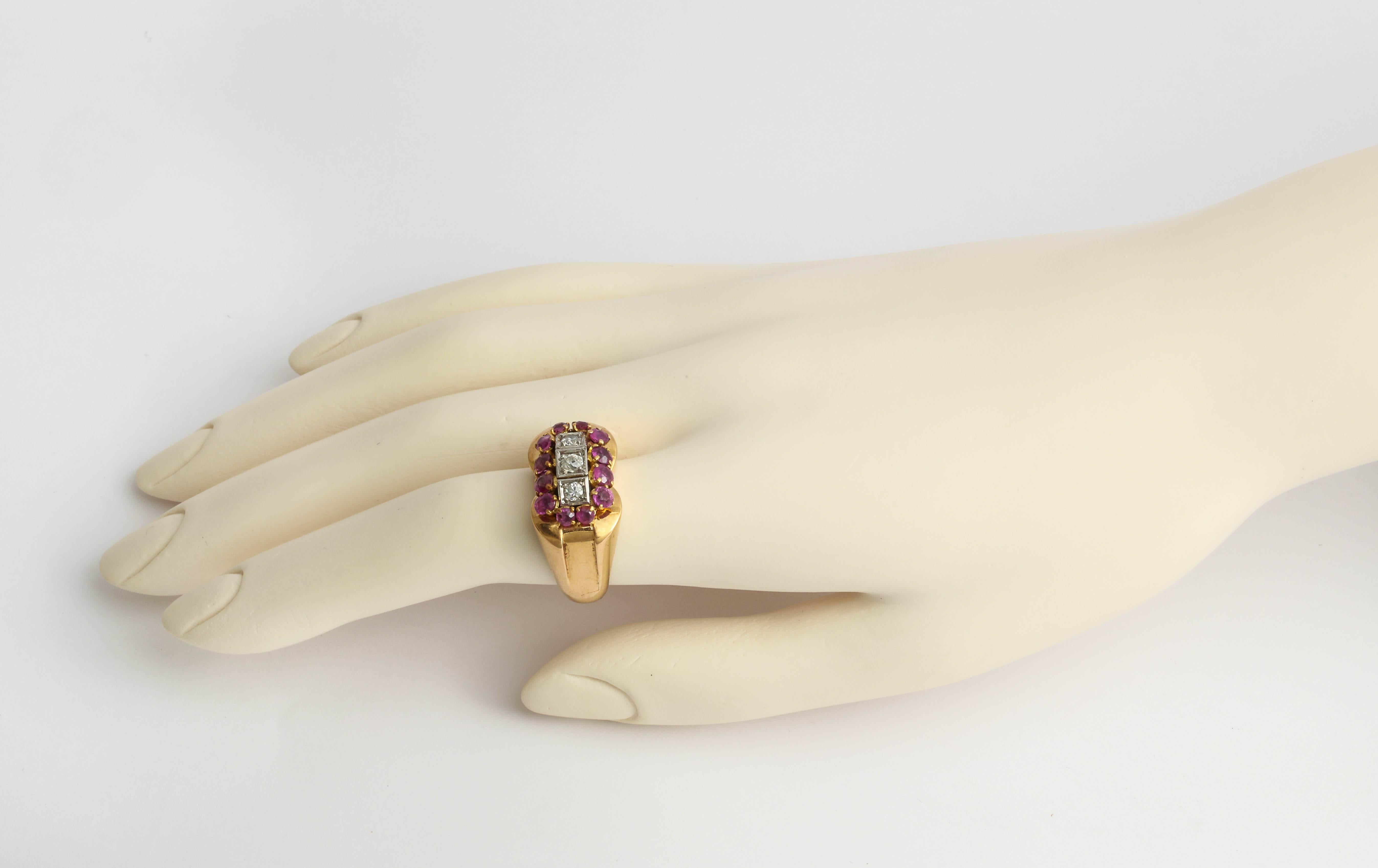 French Ruby Diamond Gold Ring, 1940s 5