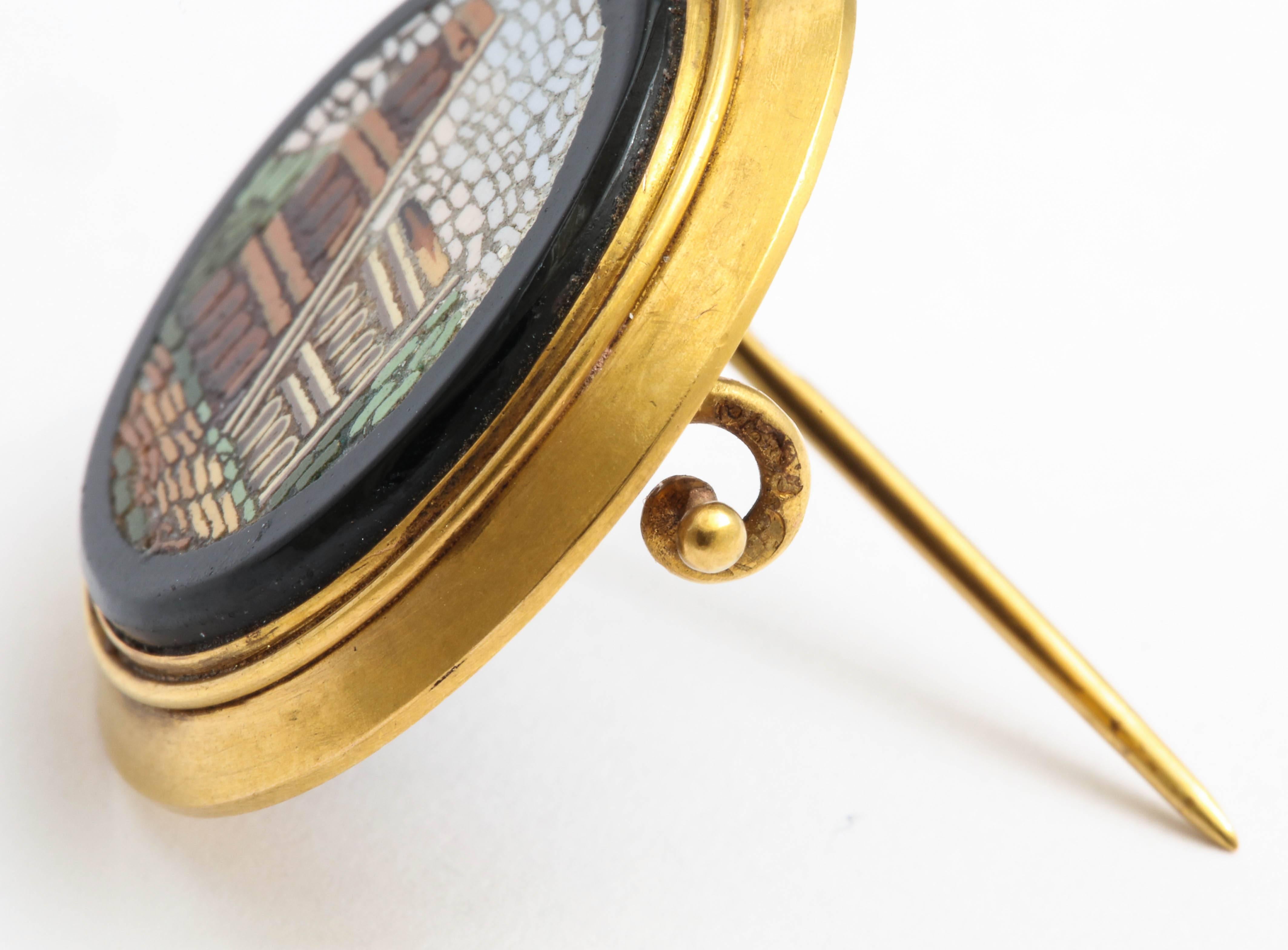 Women's or Men's Russian Imperial-era Micro-Mosaic Gold Pin/Pendant, Nicholls & Plinke, 1880s For Sale