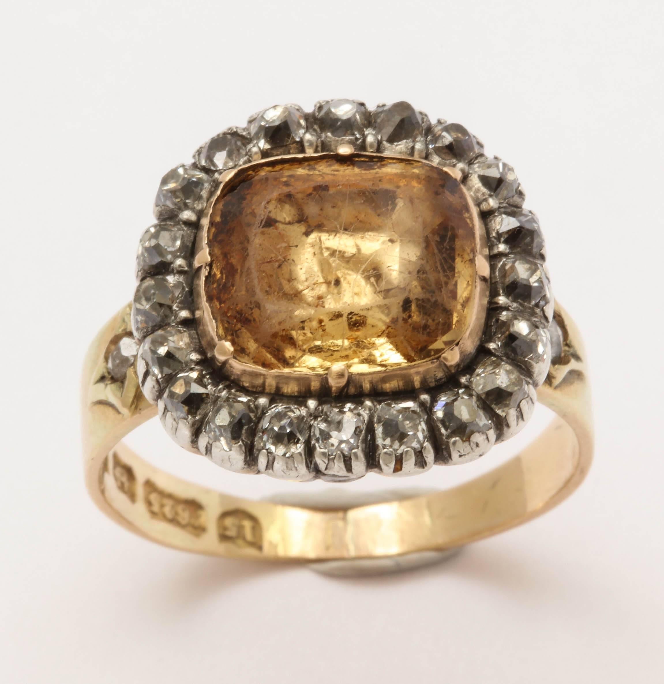 Antique Georgian Hallmarked 1816 Year Yellow Topaz Diamond Ring In Excellent Condition In New York, NY