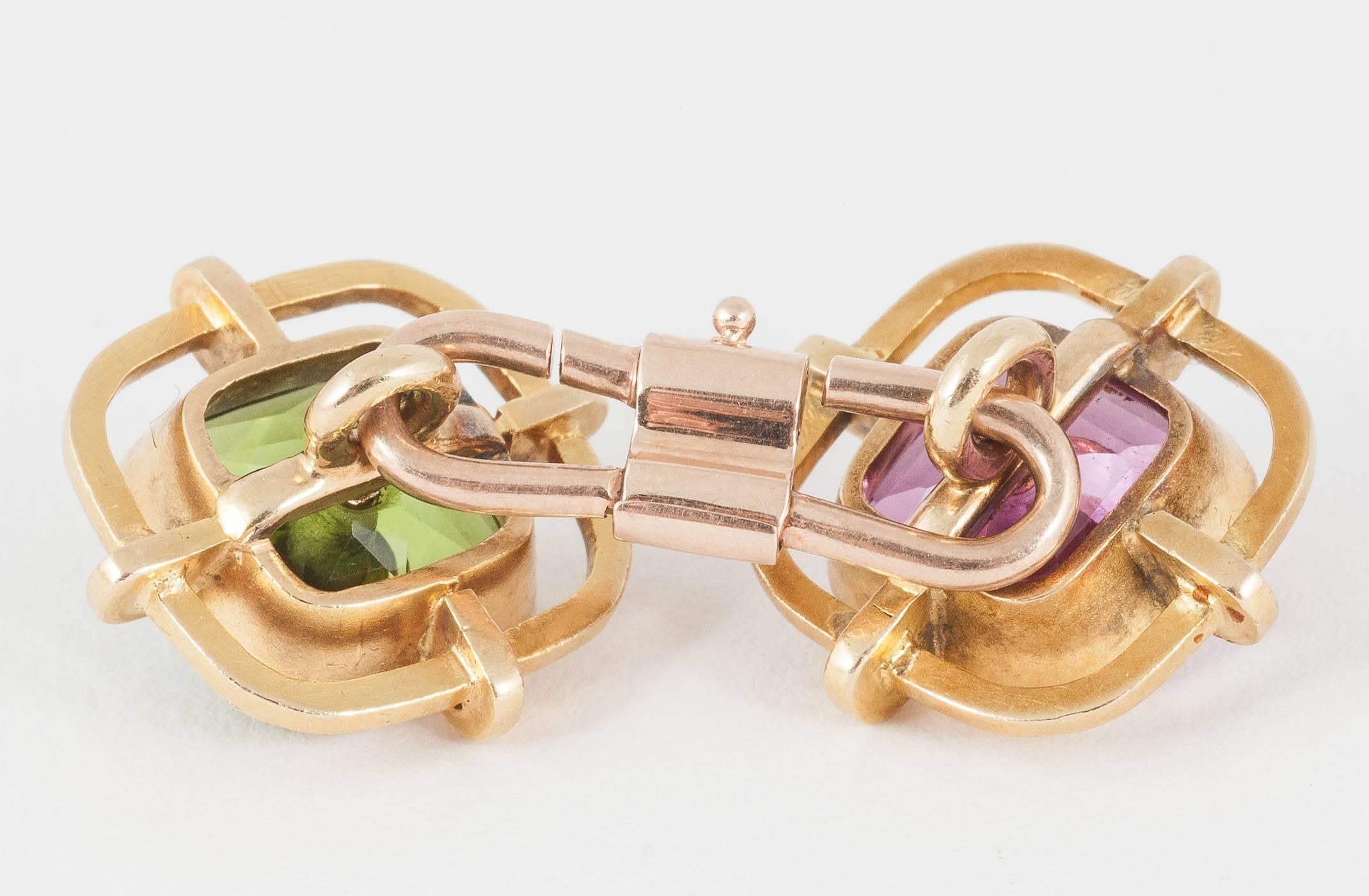 Women's or Men's Cufflinks, mounted in  Gold with Coloured Stones, circa 1920, diamond centre.