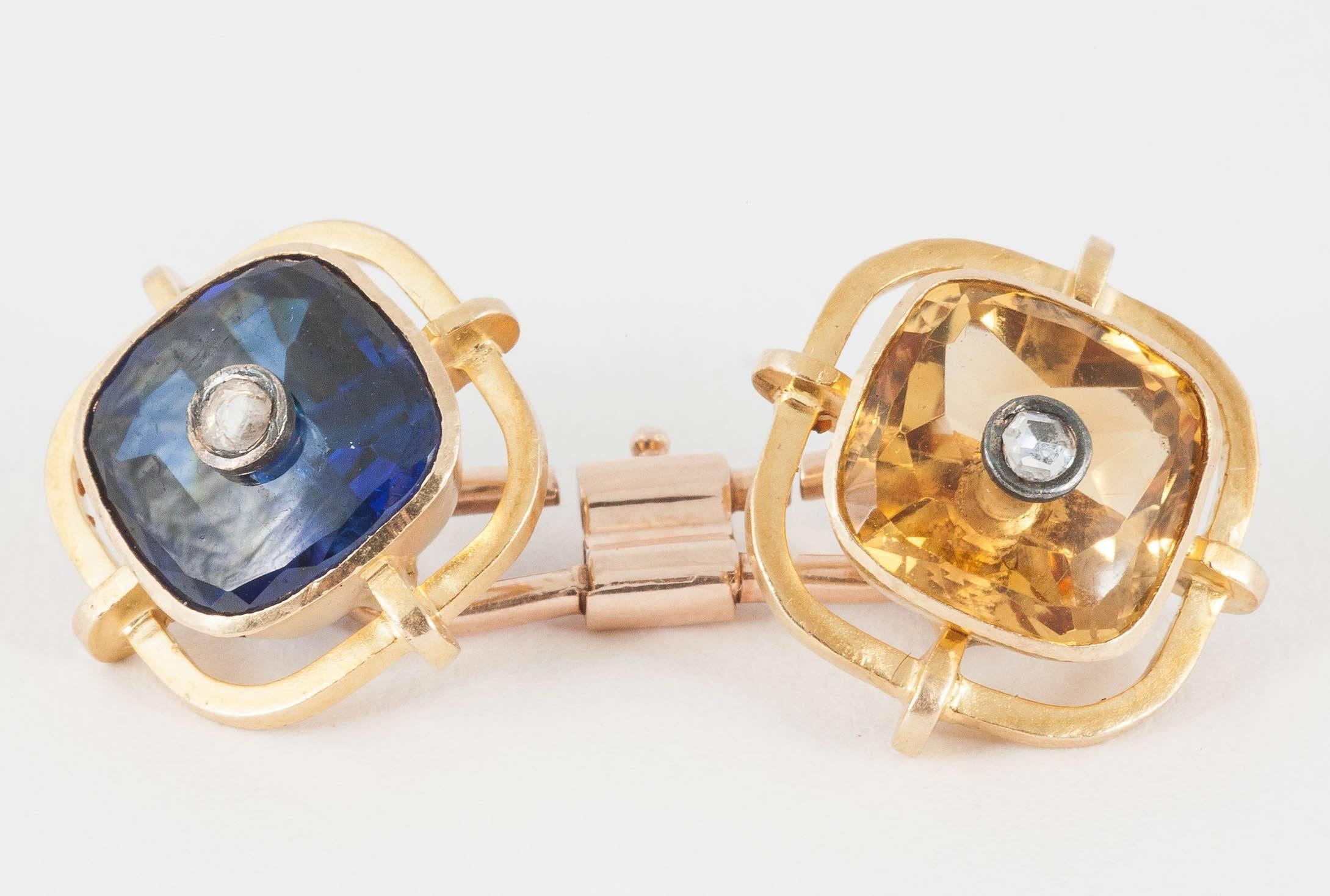 Cufflinks, mounted in  Gold with Coloured Stones, circa 1920, diamond centre. 1