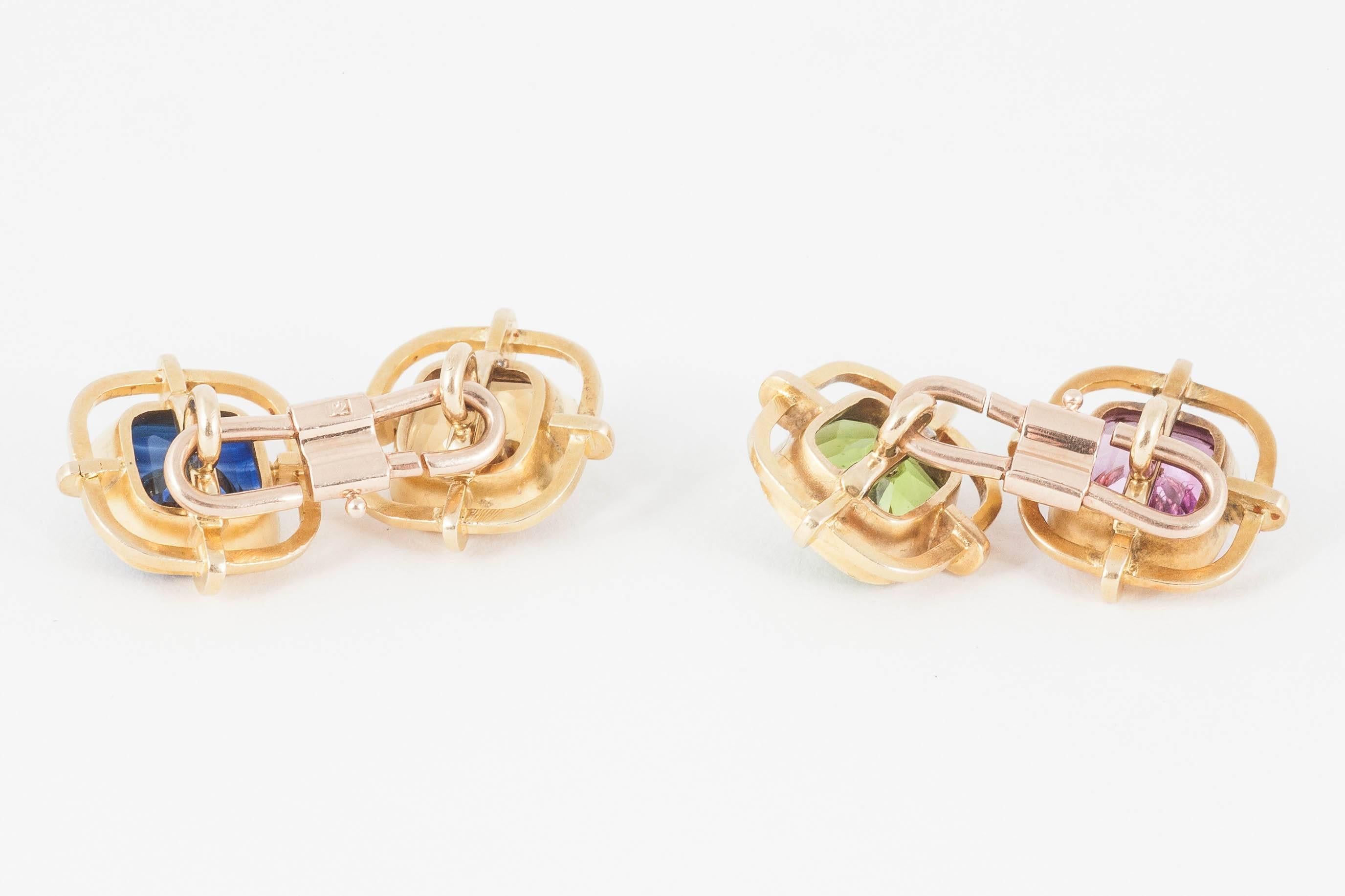 Cufflinks, mounted in  Gold with Coloured Stones, circa 1920, diamond centre. 2