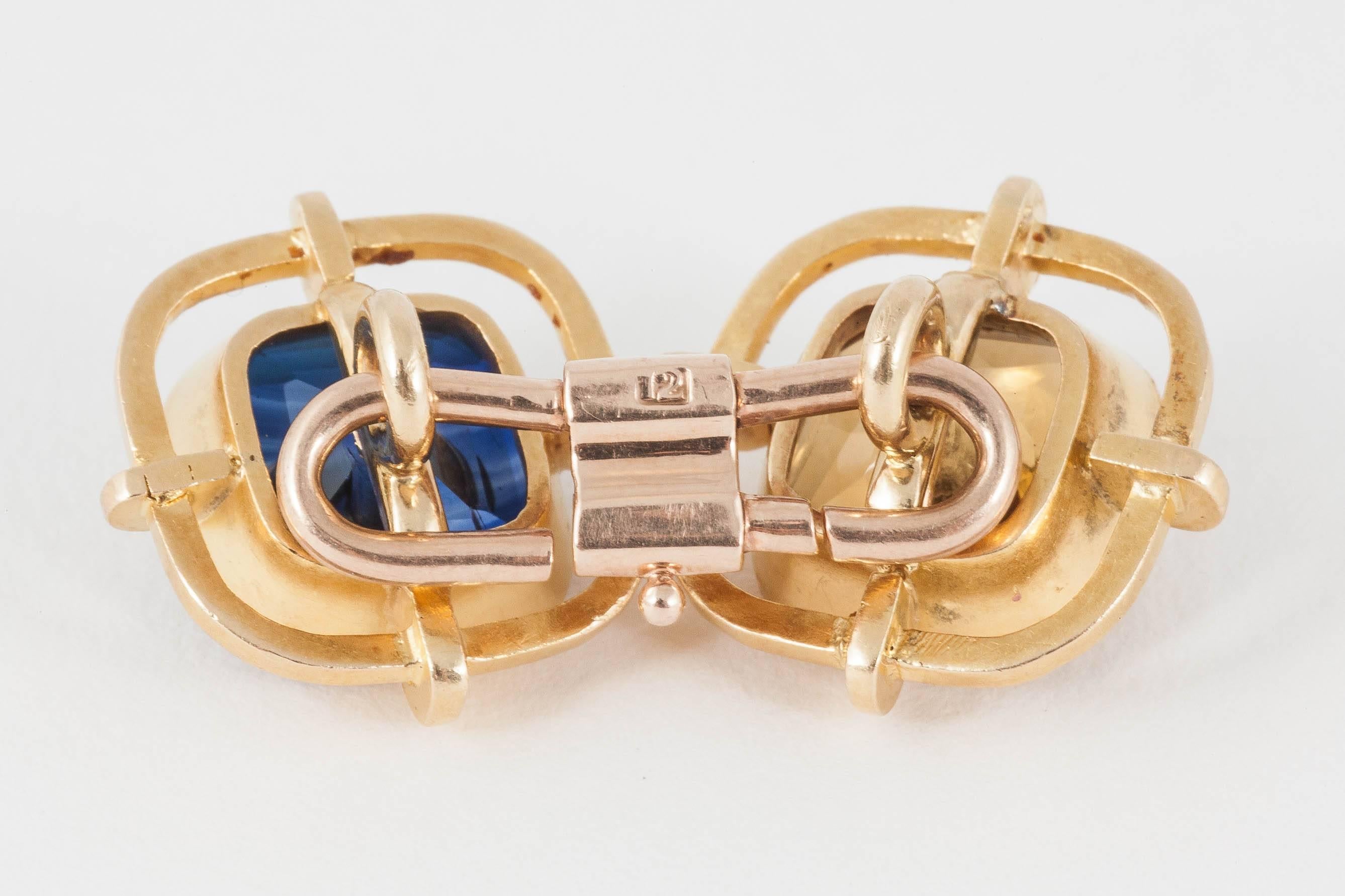 Cufflinks, mounted in  Gold with Coloured Stones, circa 1920, diamond centre. 3