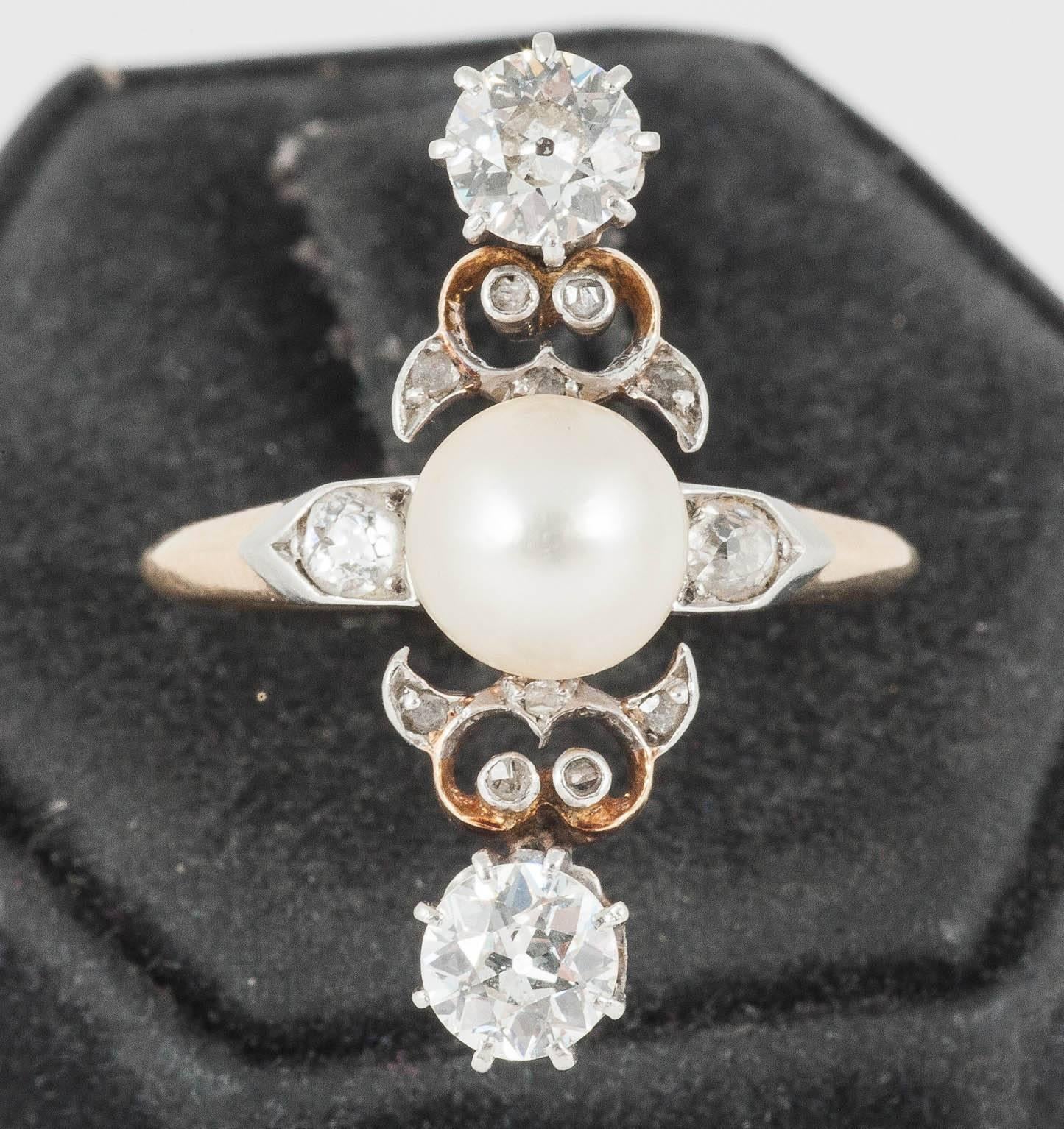 High Victorian  Natural Pearl and  Diamond Ring, down the finger, circa 1890, French