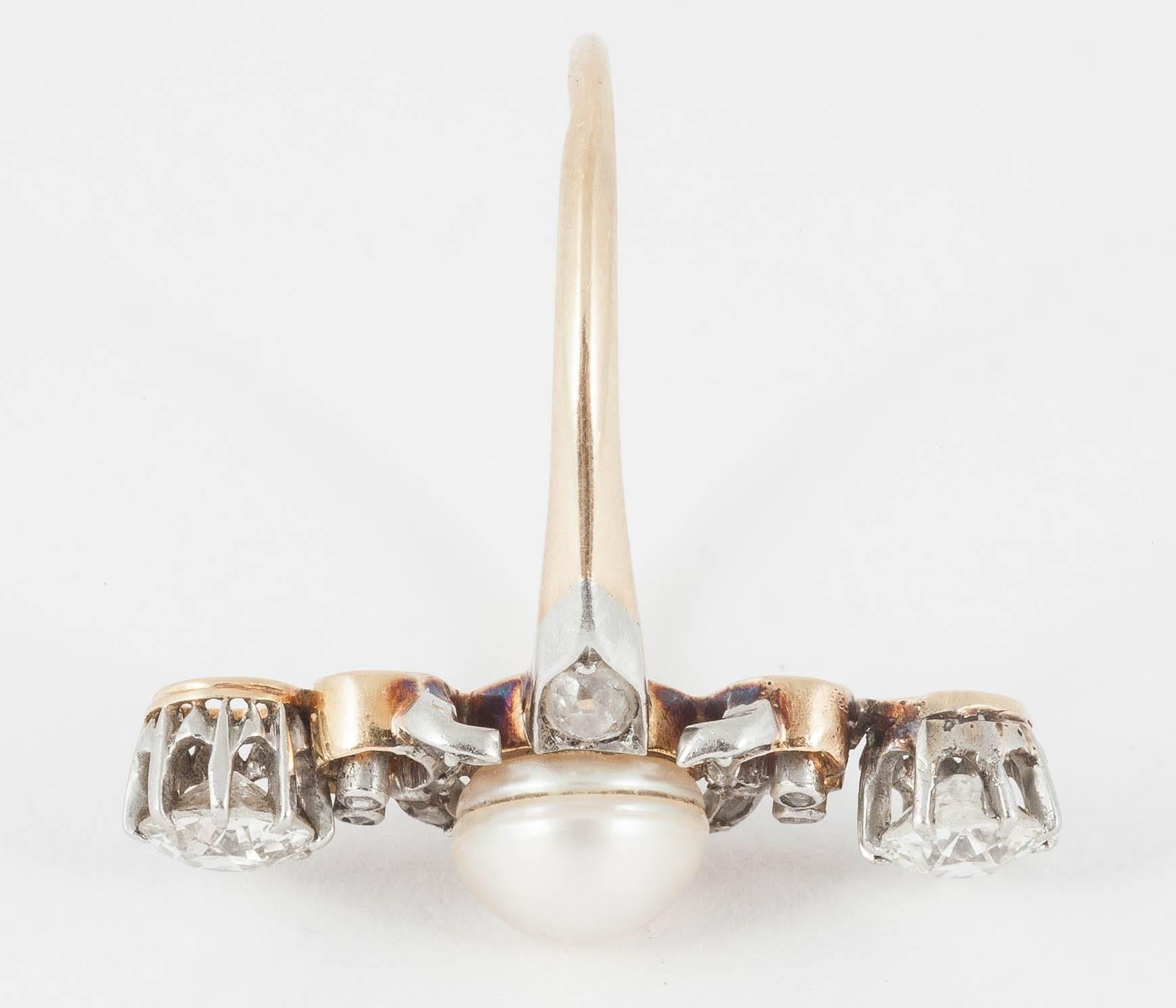 Rose Cut  Natural Pearl and  Diamond Ring, down the finger, circa 1890, French