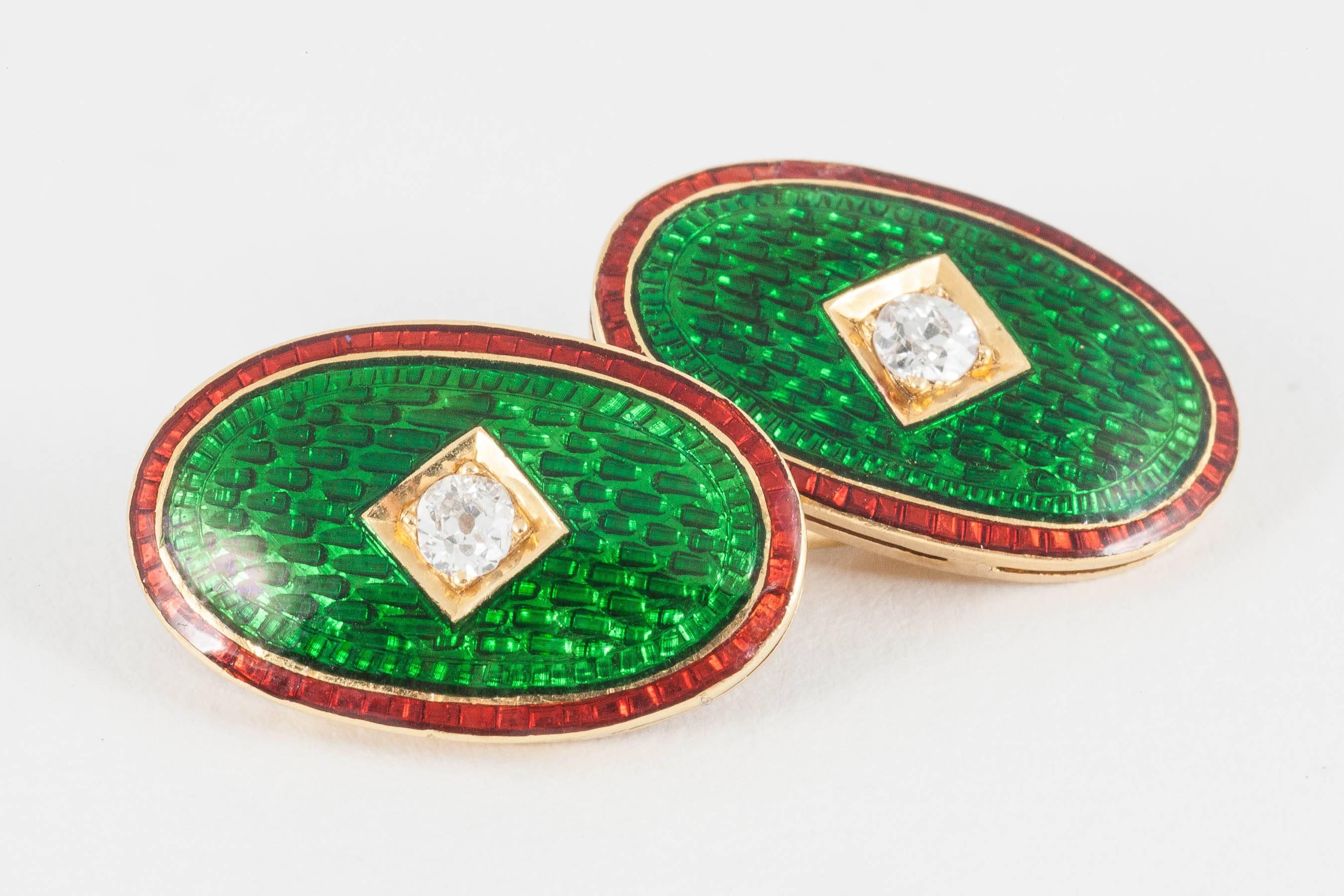 Edwardian Cufflinks, 19th Century Green/ Red Enamel, Diamonds Gold Cufflinks, circa 1890