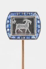 Art Deco Crystal Tie Pin of a Goat with Ceylon Sapphires, French circa 1920
