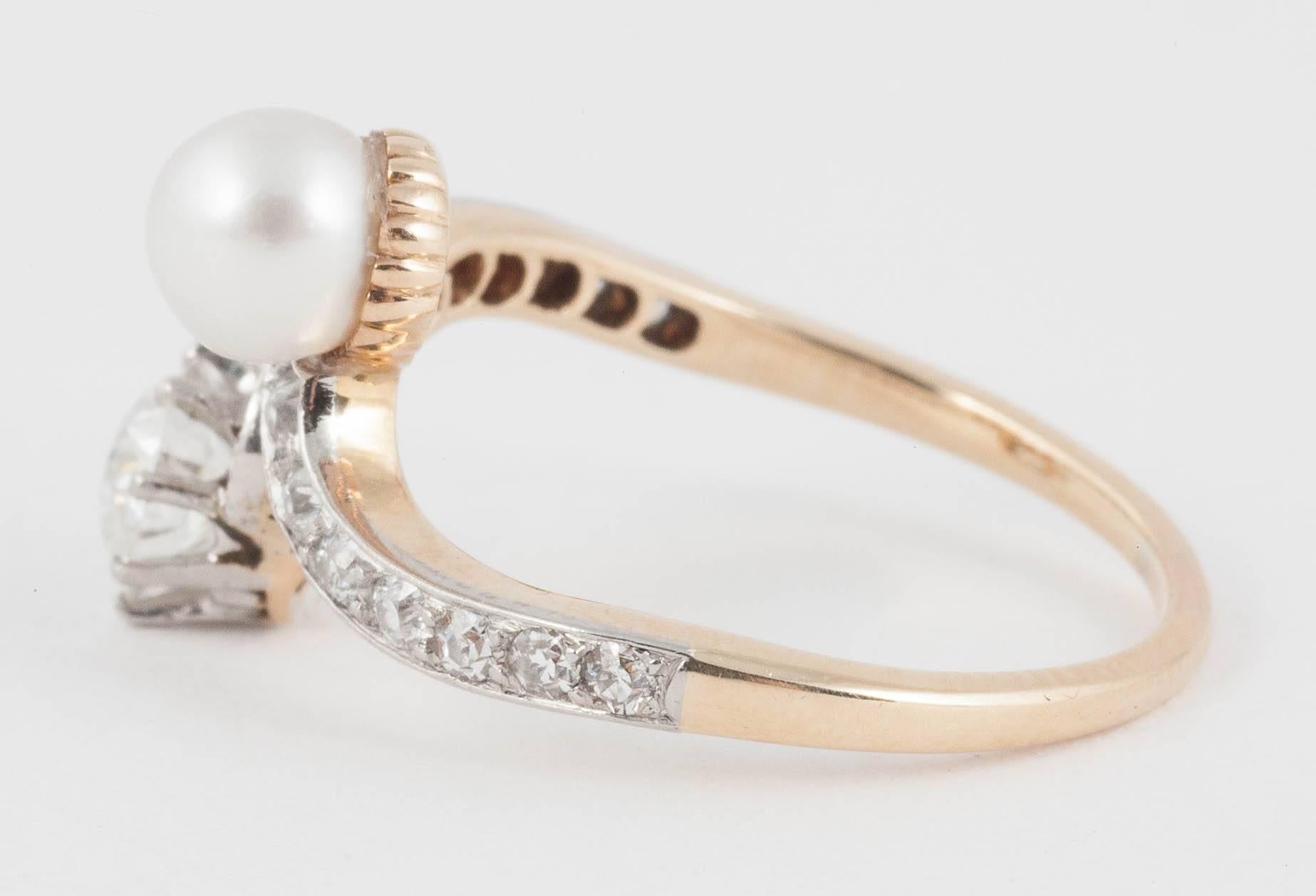 Edwardian Pearl and Diamond Gold Platinum Crossover Ring For Sale