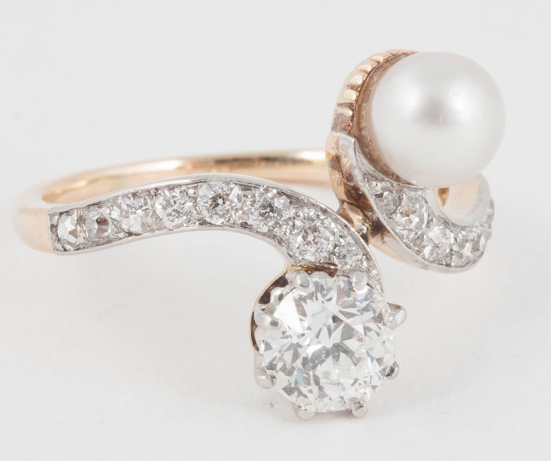 Women's Pearl and Diamond Gold Platinum Crossover Ring For Sale