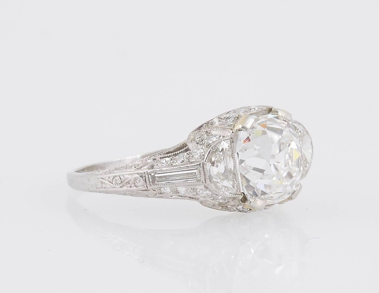 Cushion Cut Gia Report Old Mine 3.00 Carat Art Deco Engagement Ring For Sale