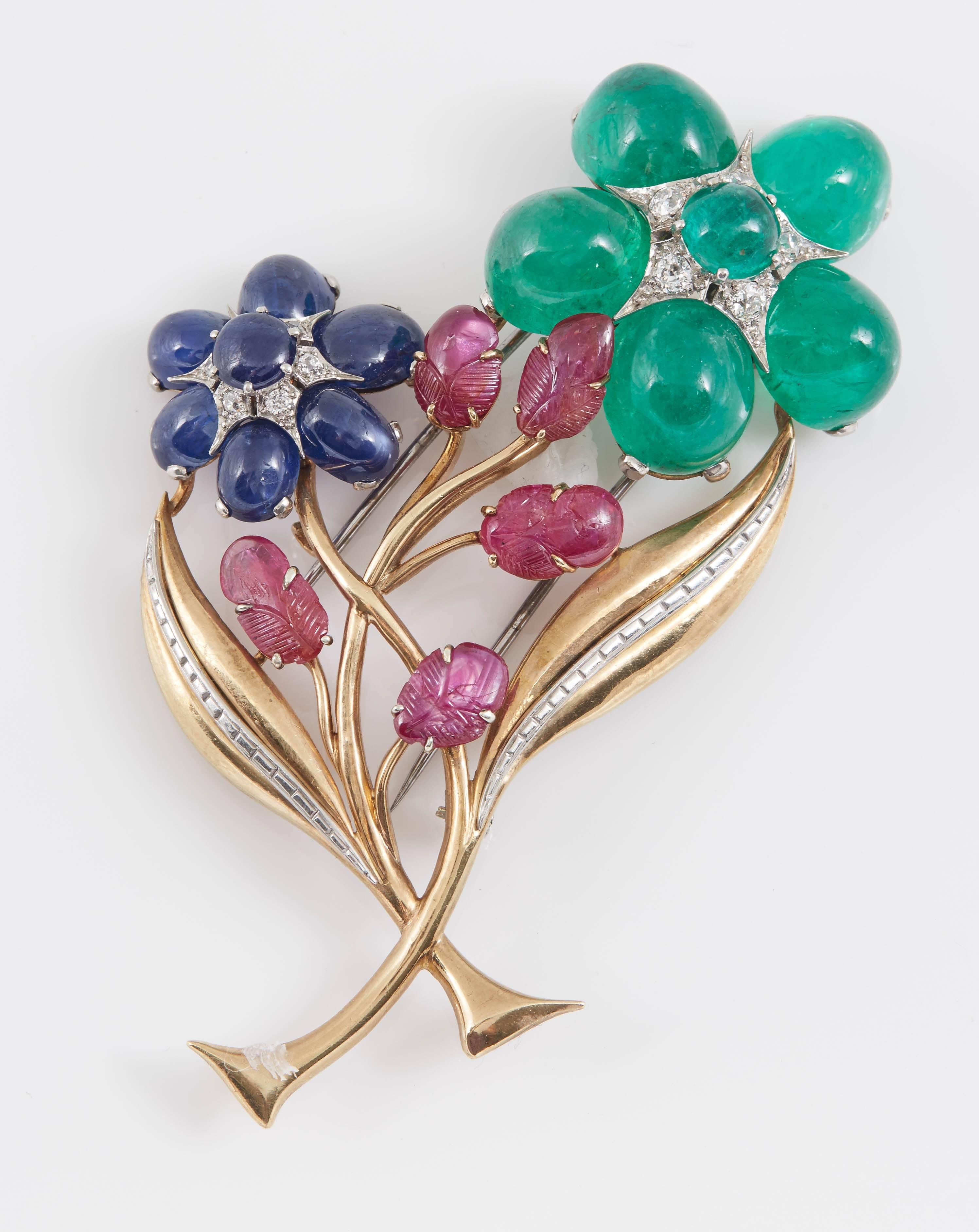 Emerald Cut Retro Cabochon Emerald Ruby Sapphire Flower Pin For Sale