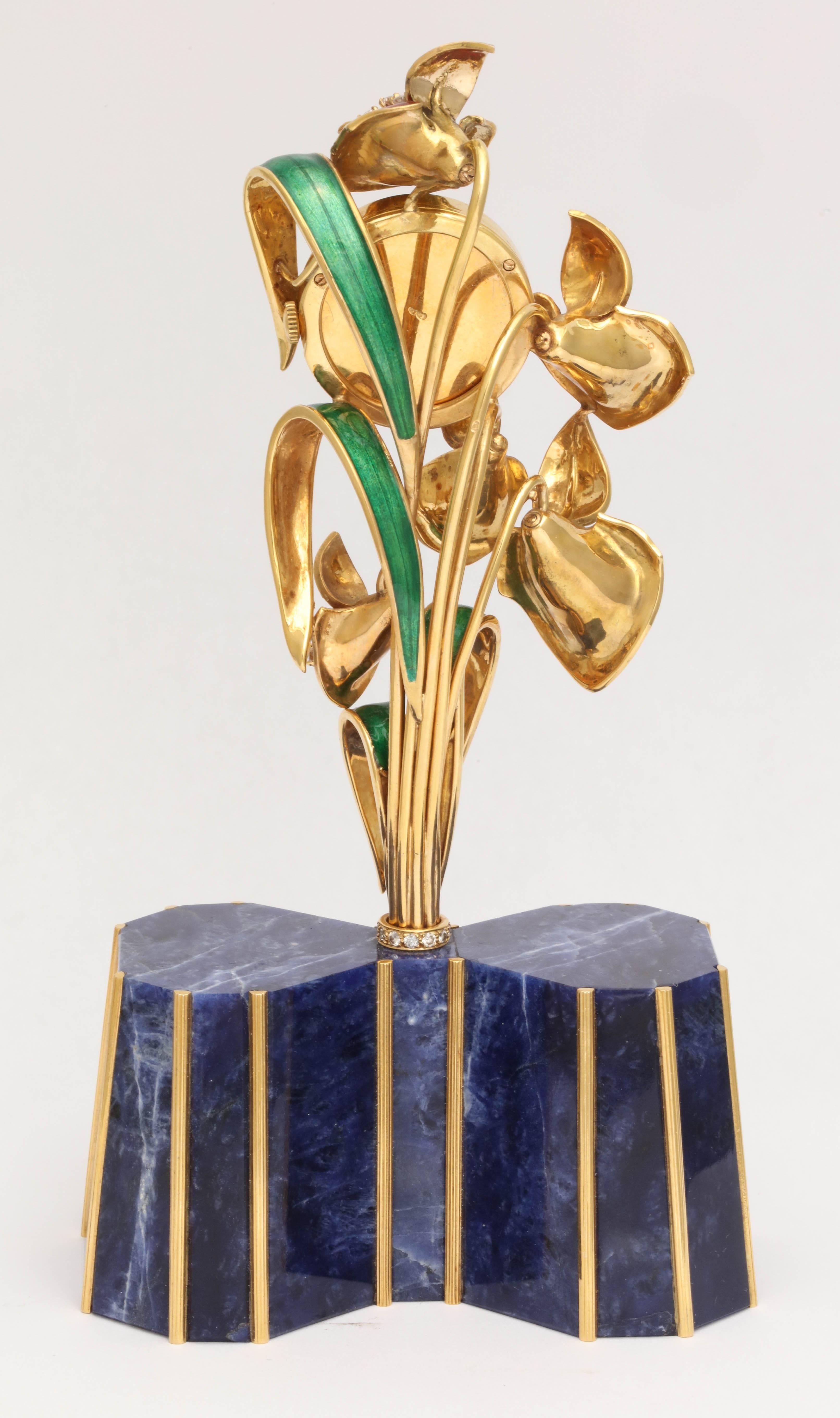 Women's or Men's Miniature Lapis Enamel Diamond Gold Floral Clock For Sale