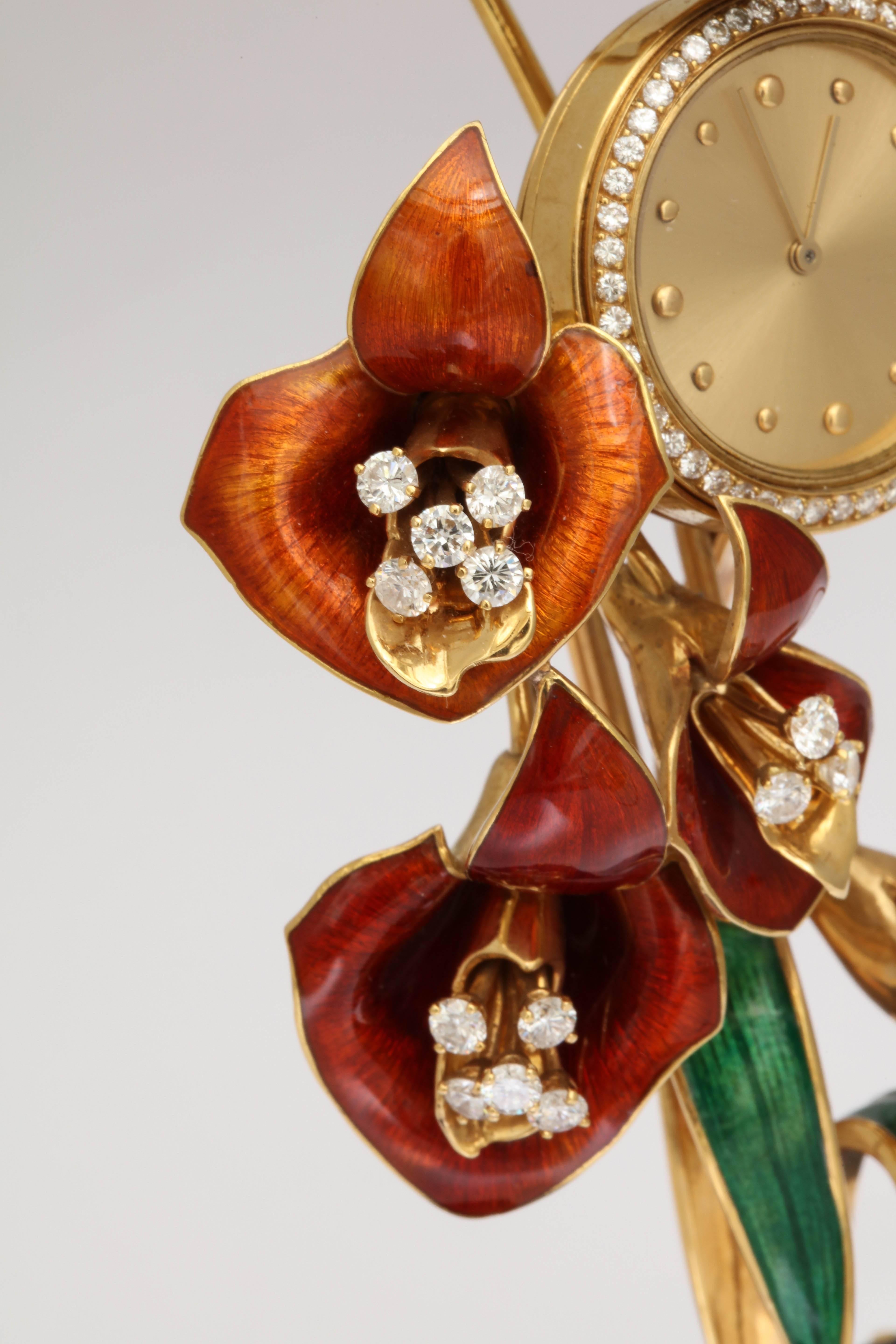 Miniature Lapis Enamel Diamond Gold Floral Clock For Sale 3