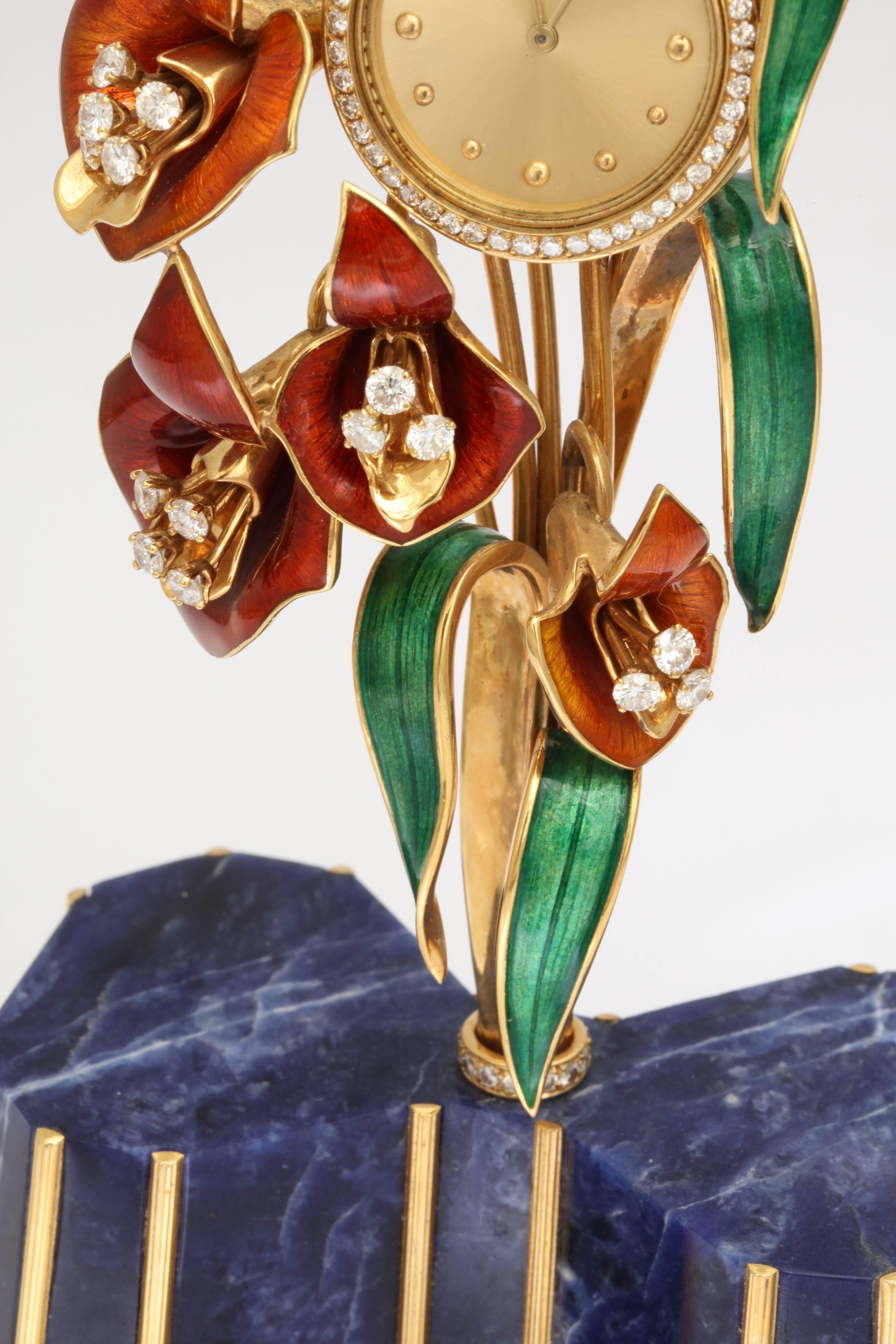 Miniature Lapis Enamel Diamond Gold Floral Clock For Sale 5