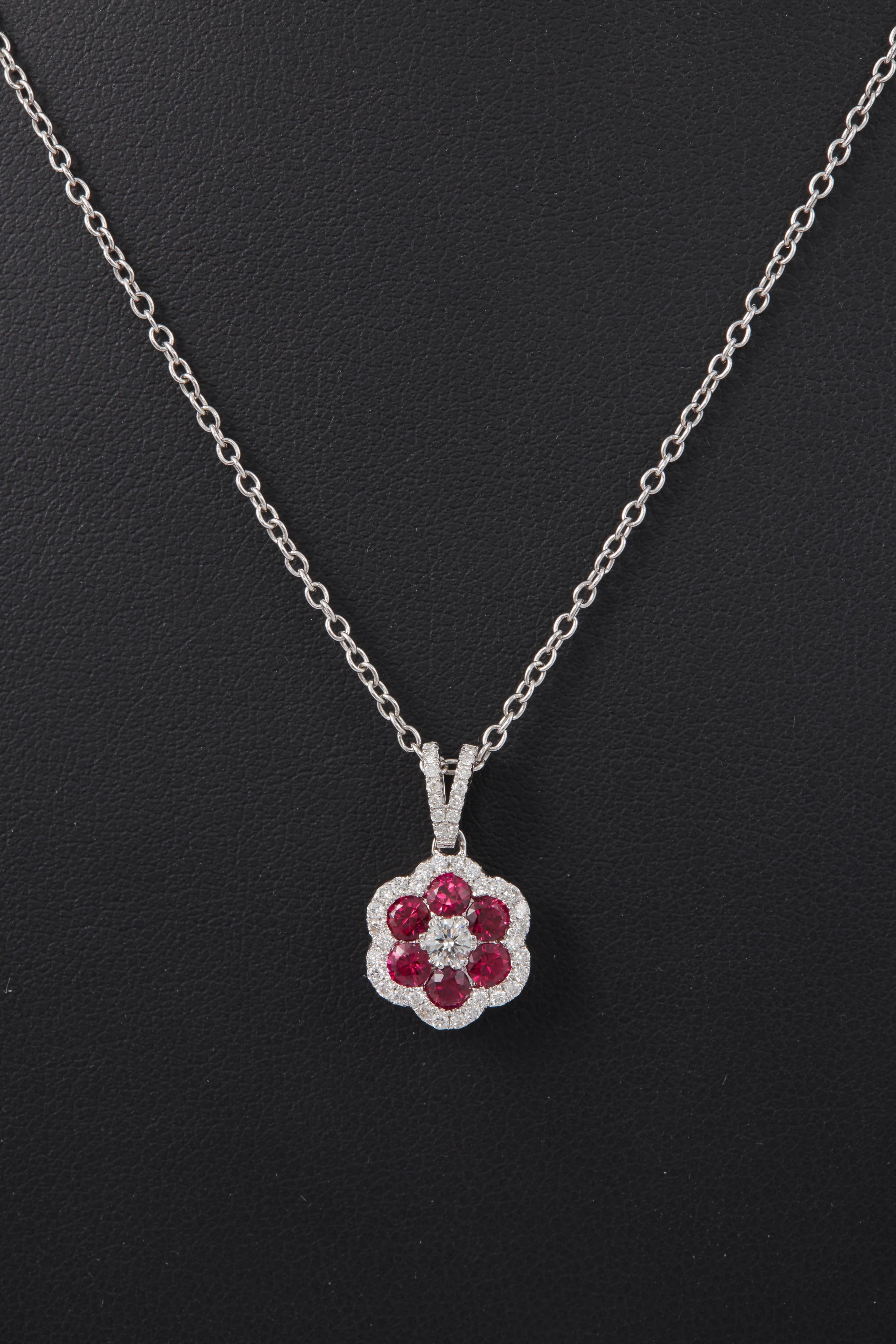 Contemporary Ruby and Diamond Flower Pendant