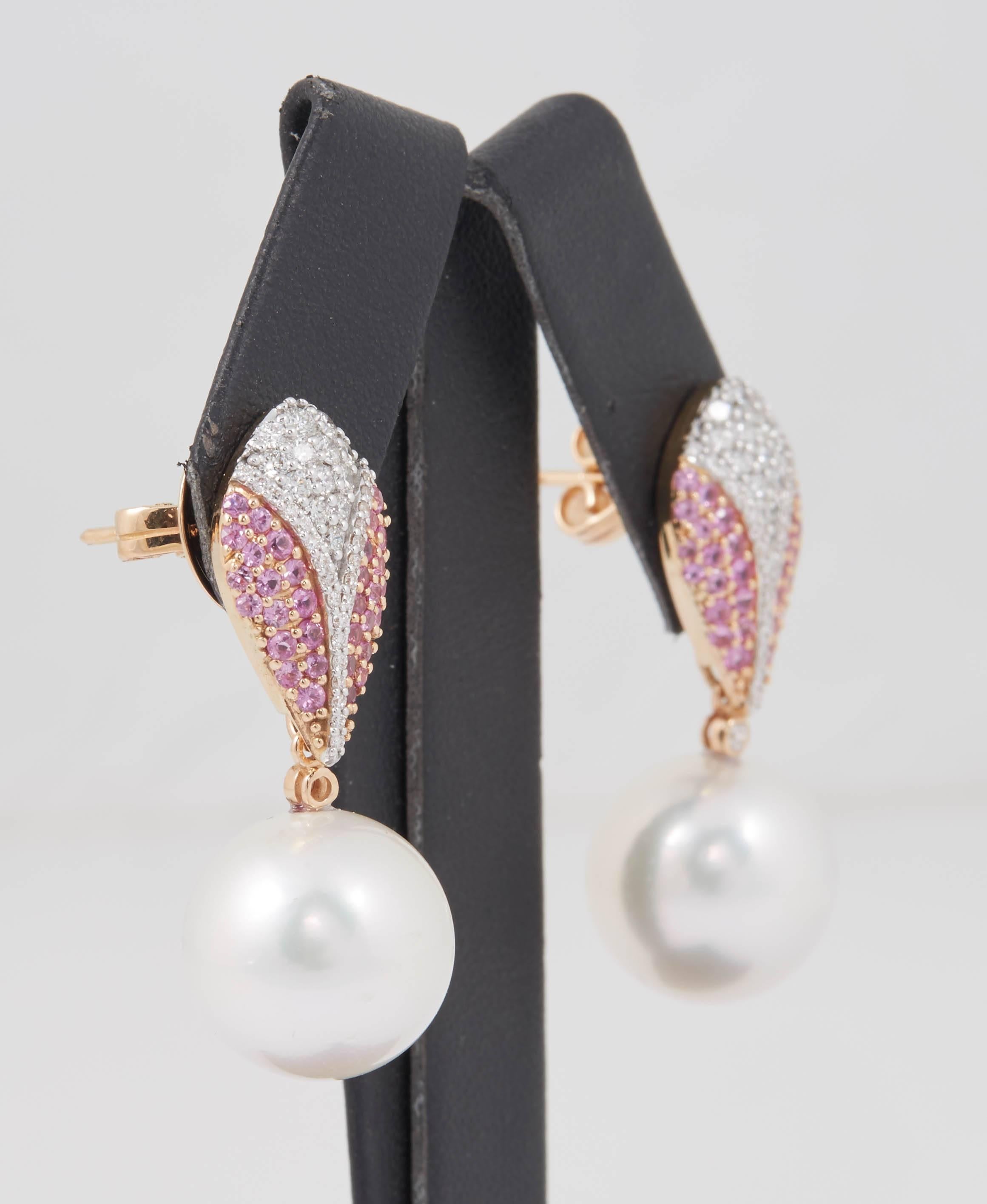Contemporary Pink Sapphire and White Diamond South Sea Pearl Dangle Earrings