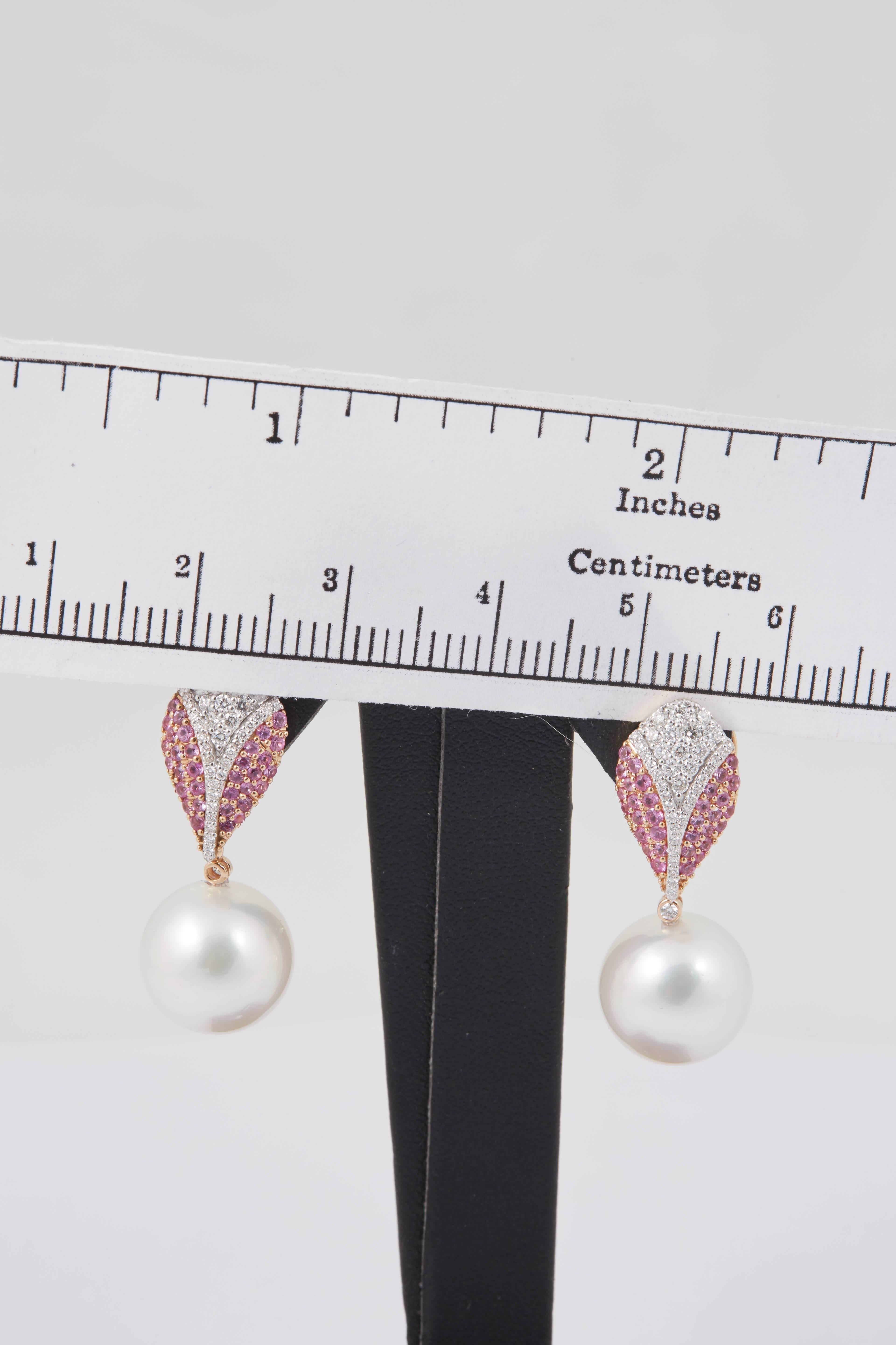 Pink Sapphire and White Diamond South Sea Pearl Dangle Earrings 1