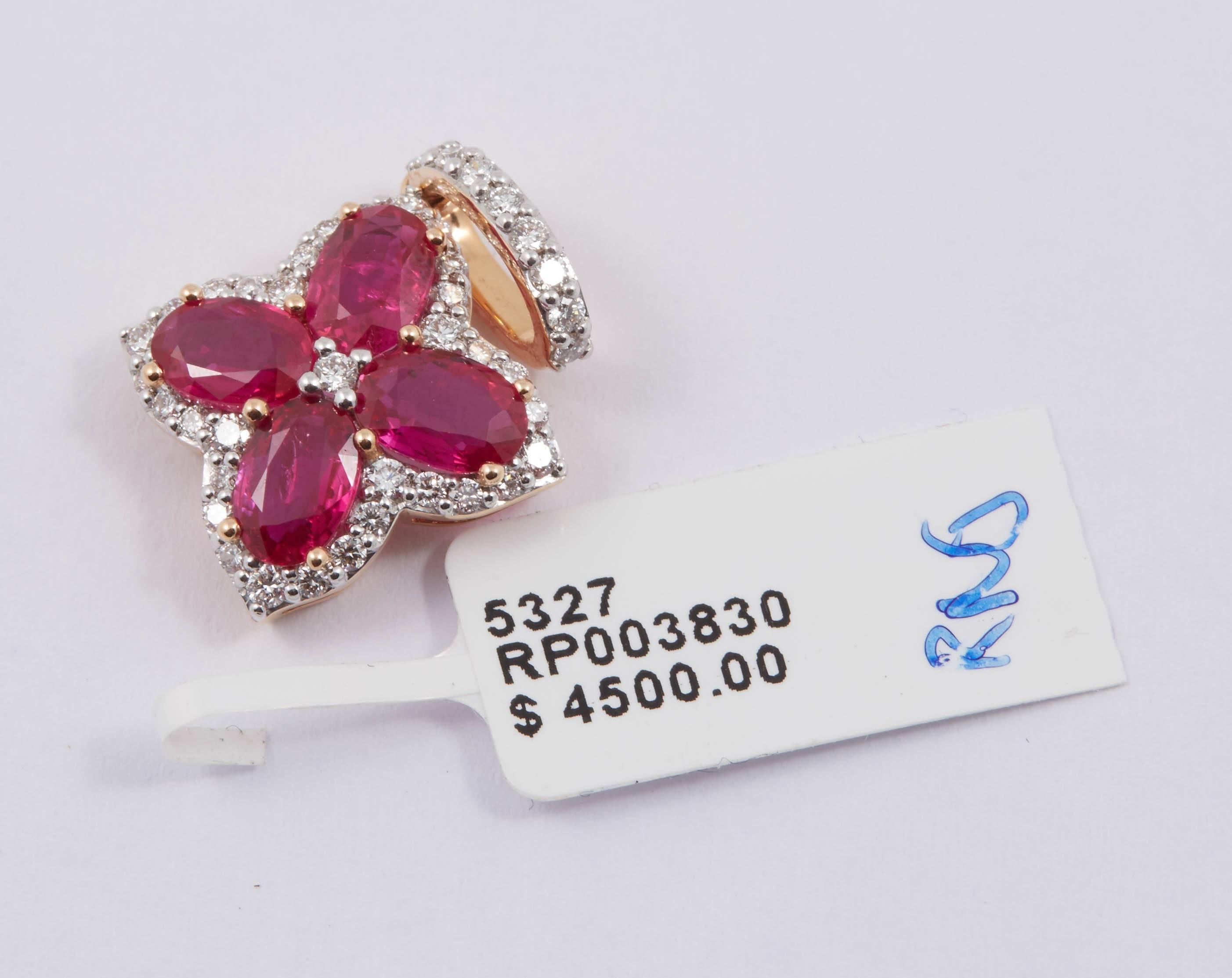18K Rose Gold
2.1 g.
4 Ruby: 2.25 Cts
41 Round Diamonds : 0.43 Cts.
1.25" long
