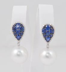 South Sea Pearl and Sapphire Cluster Dangle Earrings