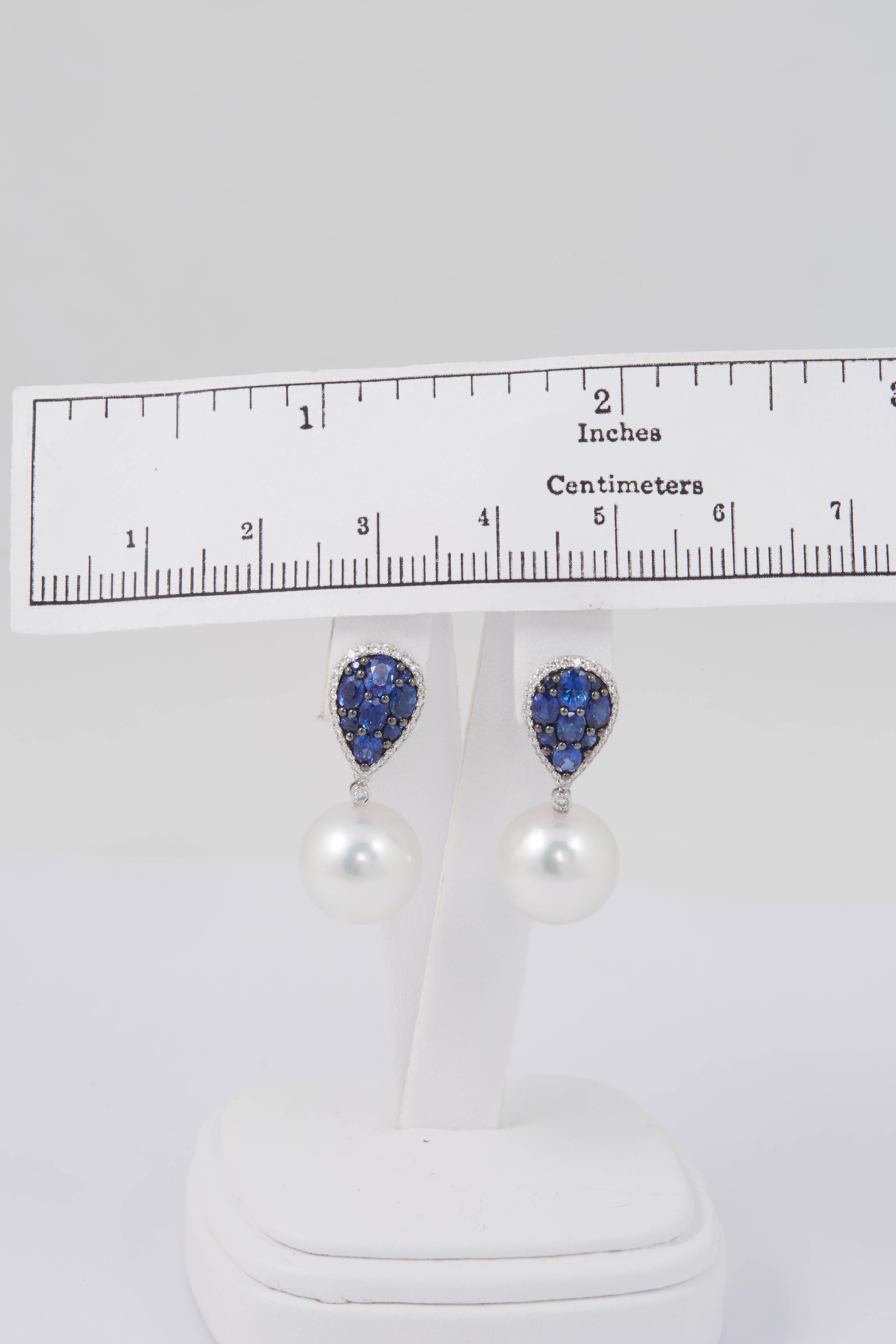 Round Cut South Sea Pearl and Sapphire Cluster Dangle Earrings For Sale