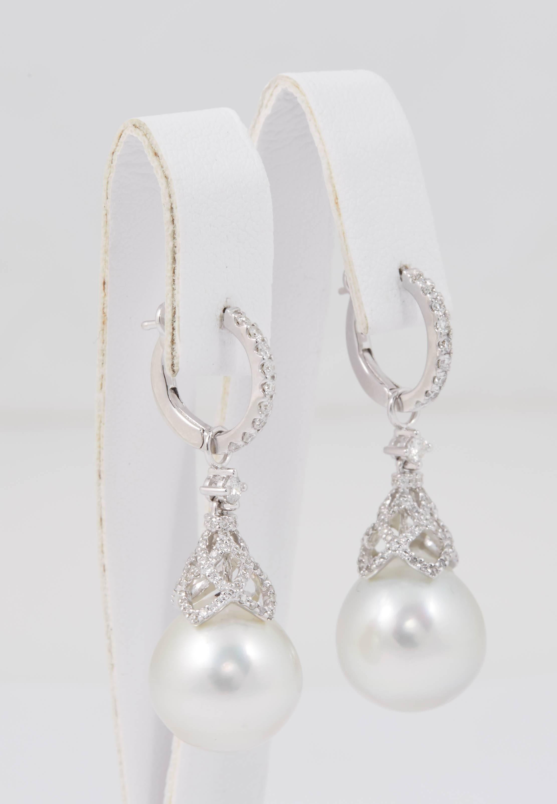 Art Deco HARBOR D. South Sea Pearls Diamonds White Gold Hoop Dangle Bell Shape Earrings  For Sale